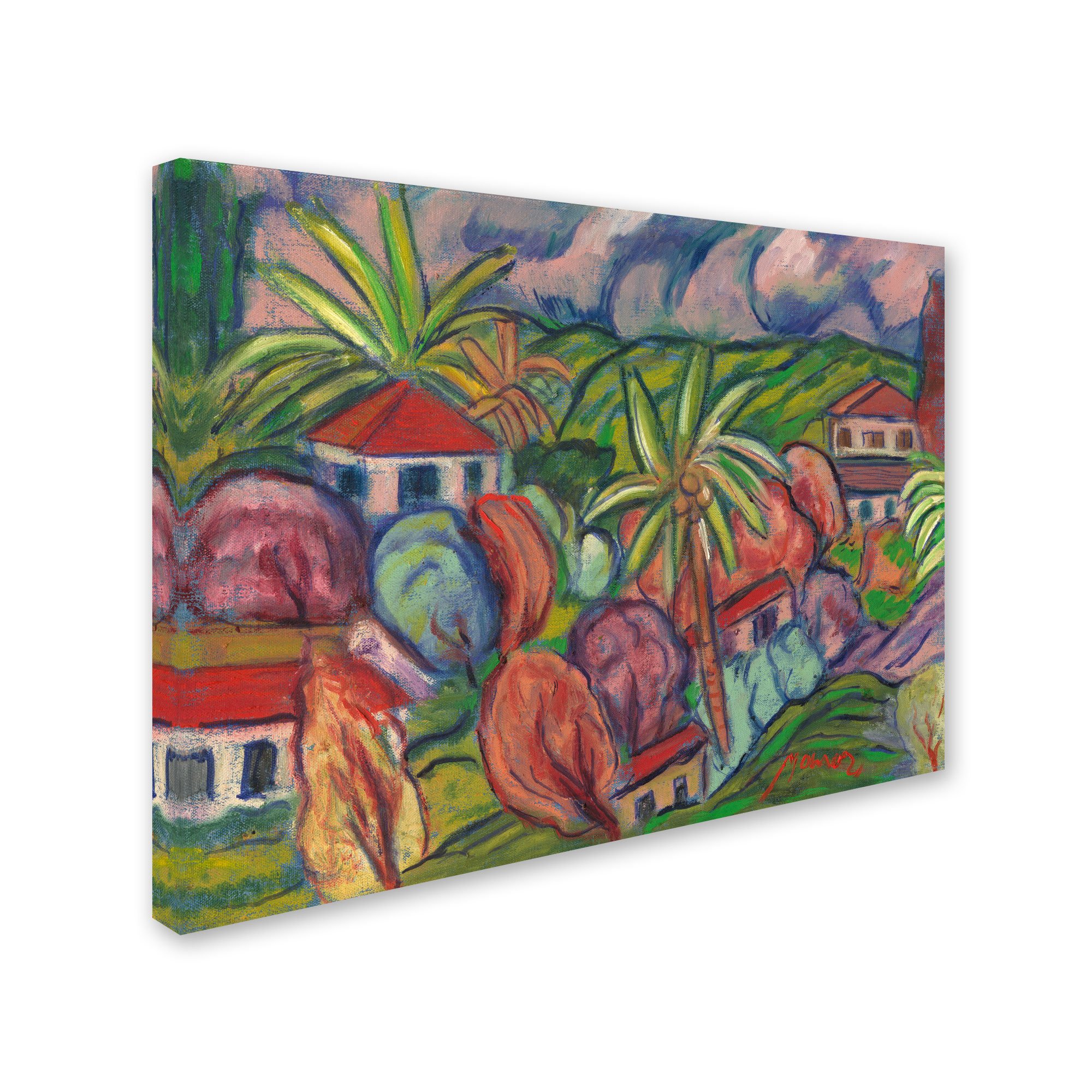 Trademark Fine Art Houses with Round Trees Painting by Manor Shadian - 18x24 Inch Wall Art for Living Room, Bedroom & Office Decor