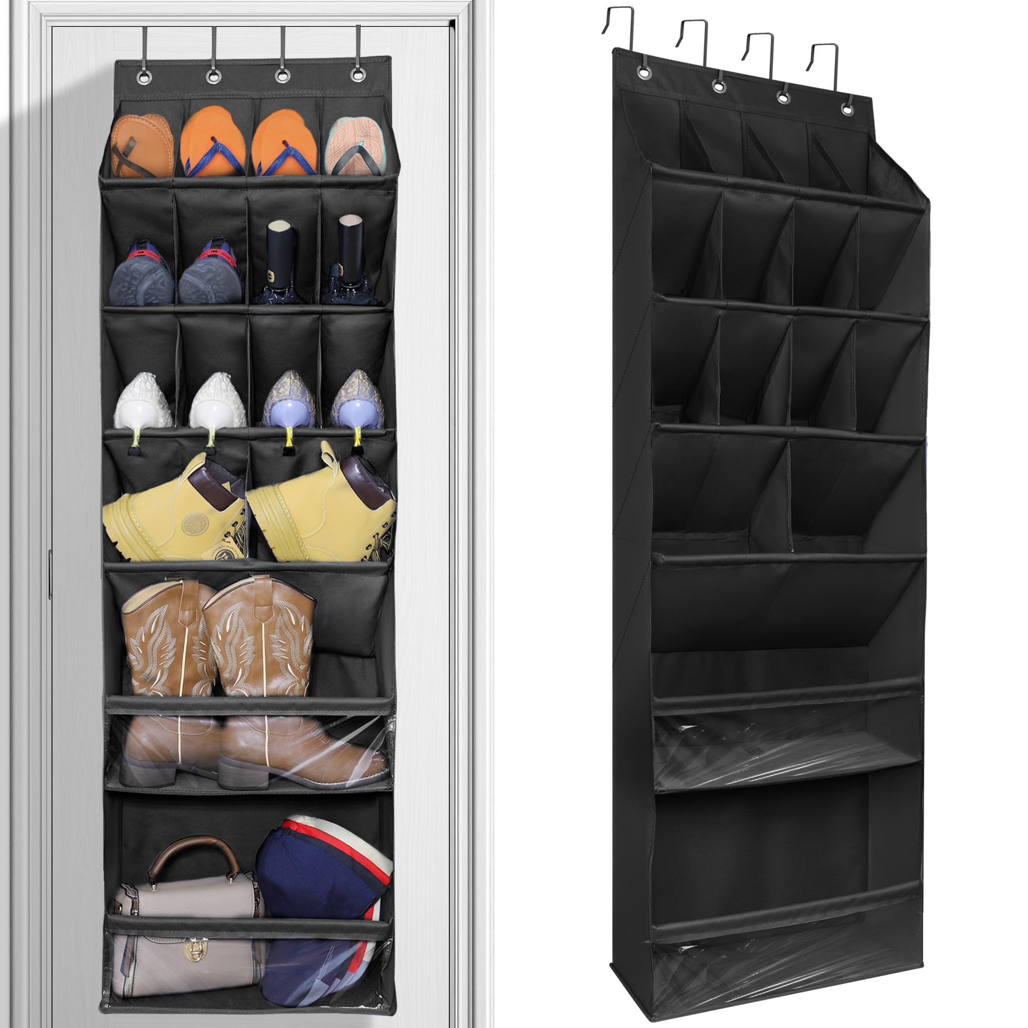 Over The Door Shoe Organizer with 16 Large Deep Pockets - Space Saving Hanging Shoe Rack for Narrow Doors - Multifunctional Storage for Dorm, Closet, Bedroom & Entryway - Black (Perfect for Small Spaces & Apartment Living)