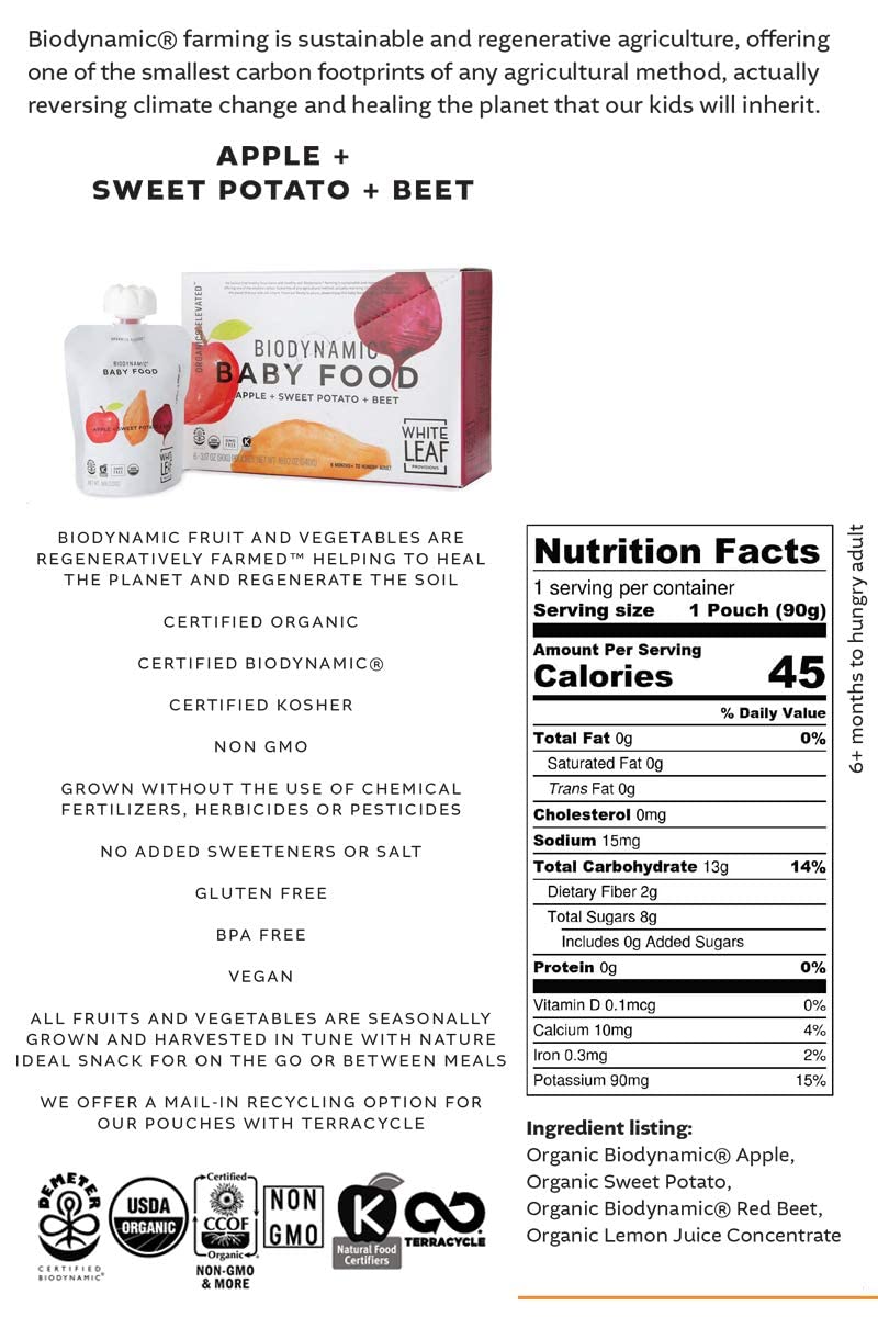 Organic Baby Food Pouches by White Leaf Provisions - USDA Certified, Non-GMO, BPA-Free Squeezable Toddler Snacks (24 Pack, 90g Each) - Apple, Sweet Potato & Beet Blend for On-the-Go Meals, Daycare & Travel Snacking