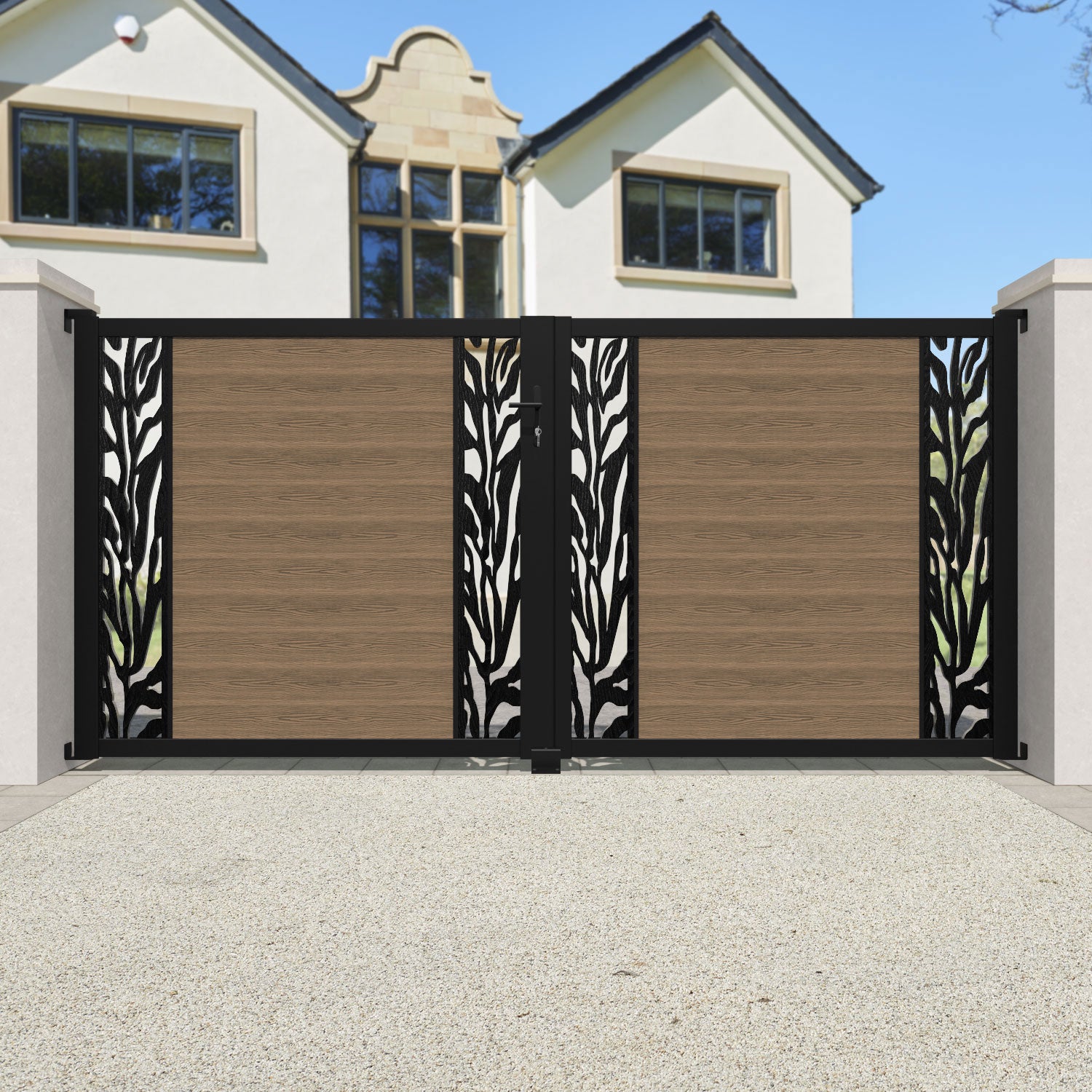 Premium Teak Malawi Straight Top Driveway Gate with Middle & End Screen - Durable Wooden Fence for Home Security & Garden Decoration