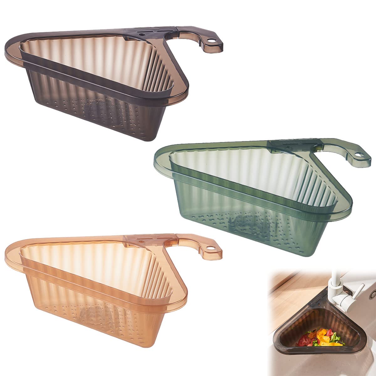 3 Pack Adjustable Corner Kitchen Sink Strainer Basket - Triangular Sink Filter & Multifunctional Drain Shelf for Food Catcher - Perfect for Small Kitchen Sinks, Bathroom Drains & RVs (Dishwashing, Vegetable Washing, Hair Catcher)