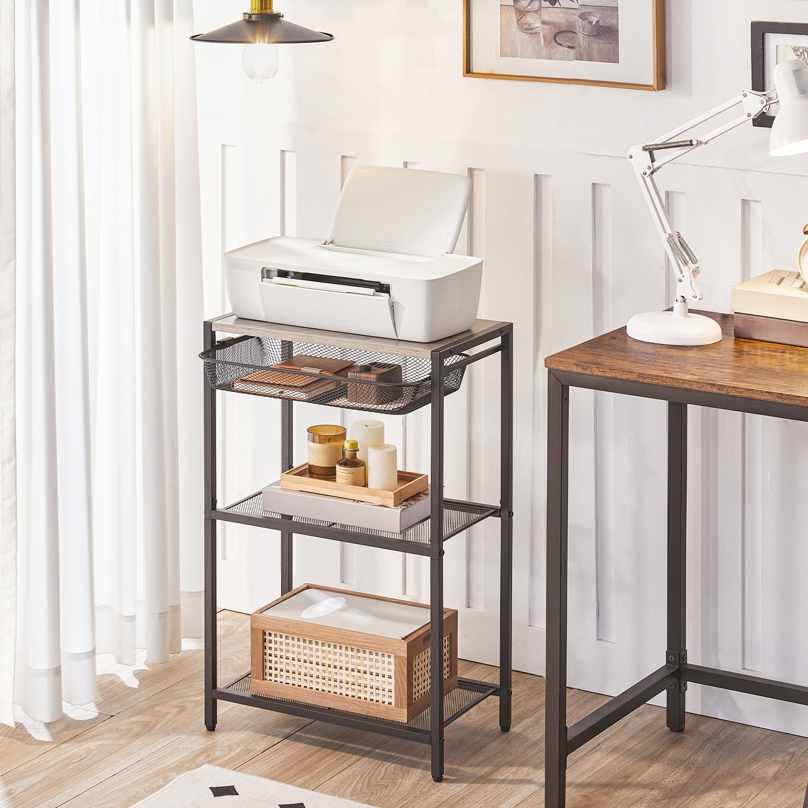 HOOBRO 28.7 Inch Industrial Side Table with 3-Tier Storage & Adjustable Metal Mesh Basket - Modern End Table for Living Room, Bedroom, Office - Perfect for Small Spaces, Nightstand, Coffee Table Alternative (Greige BG06DH01)