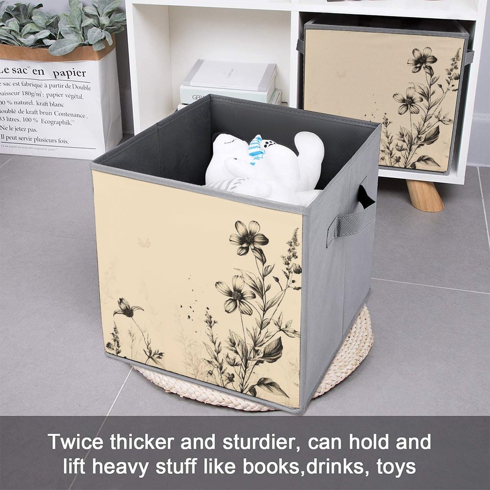 6-Pack Collapsible Storage Bins with Handles - Beige Floral Design Foldable Storage Boxes for Home Organization, Shelves, Closet & Pantry | Space-Saving Home Decor & Multipurpose Storage Solutions