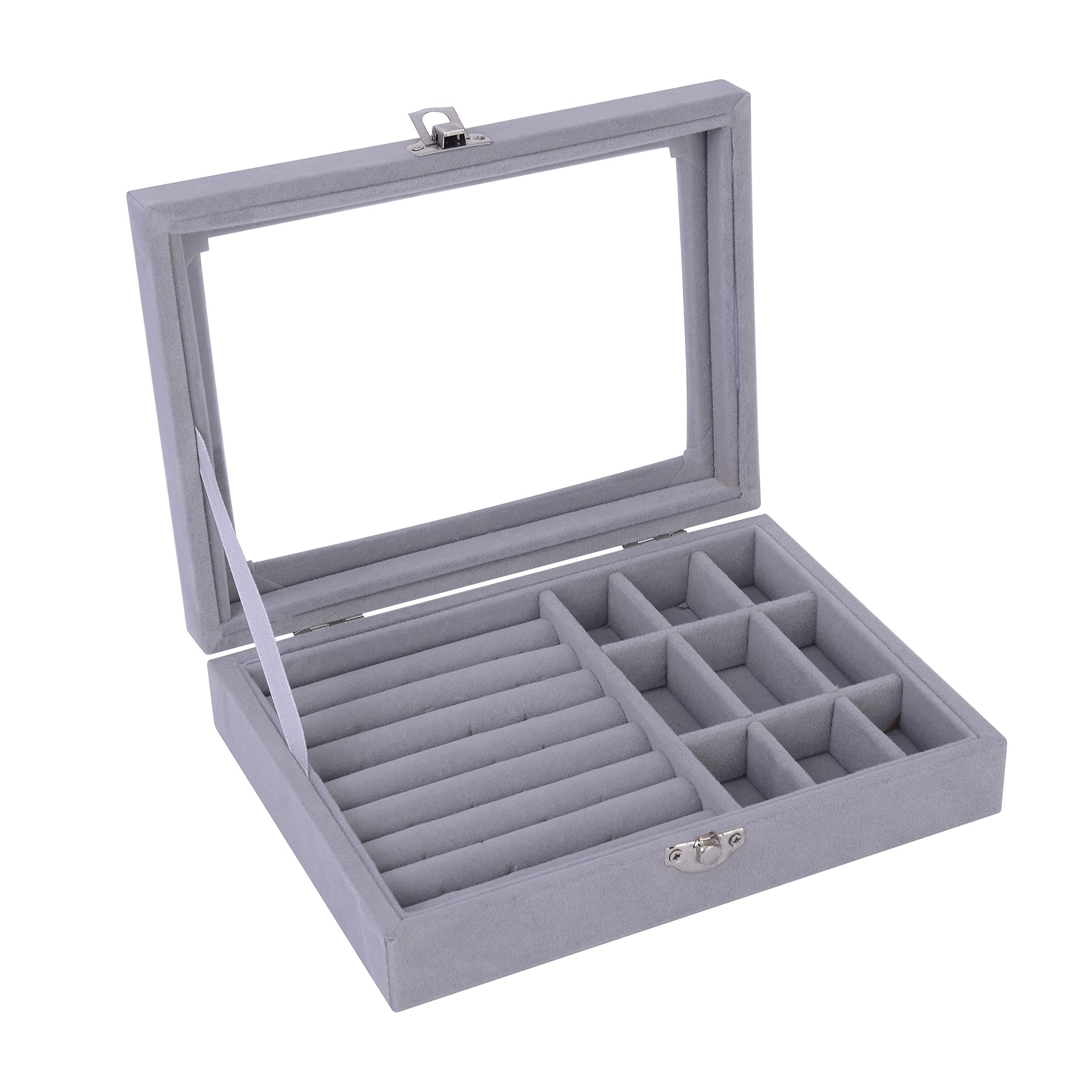 Elegant Jewelry Box for Women & Girls - Glass Top Ring Earring Necklace Bracelet Watch Storage Case - Perfect for Gifts, Travel & Home Organization (Grey)
