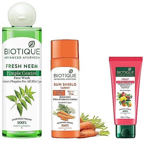 Biotique Bio Carrot SPF 40 UVA/UVB Face & Body Sunscreen Lotion 120ml + Fresh Neem Acne Control Face Wash 200ml + Fruit Brightening & Tan Removal Face Mask 100ml - 3-in-1 Skincare Set for Sun Protection, Acne Treatment & Skin Brightening