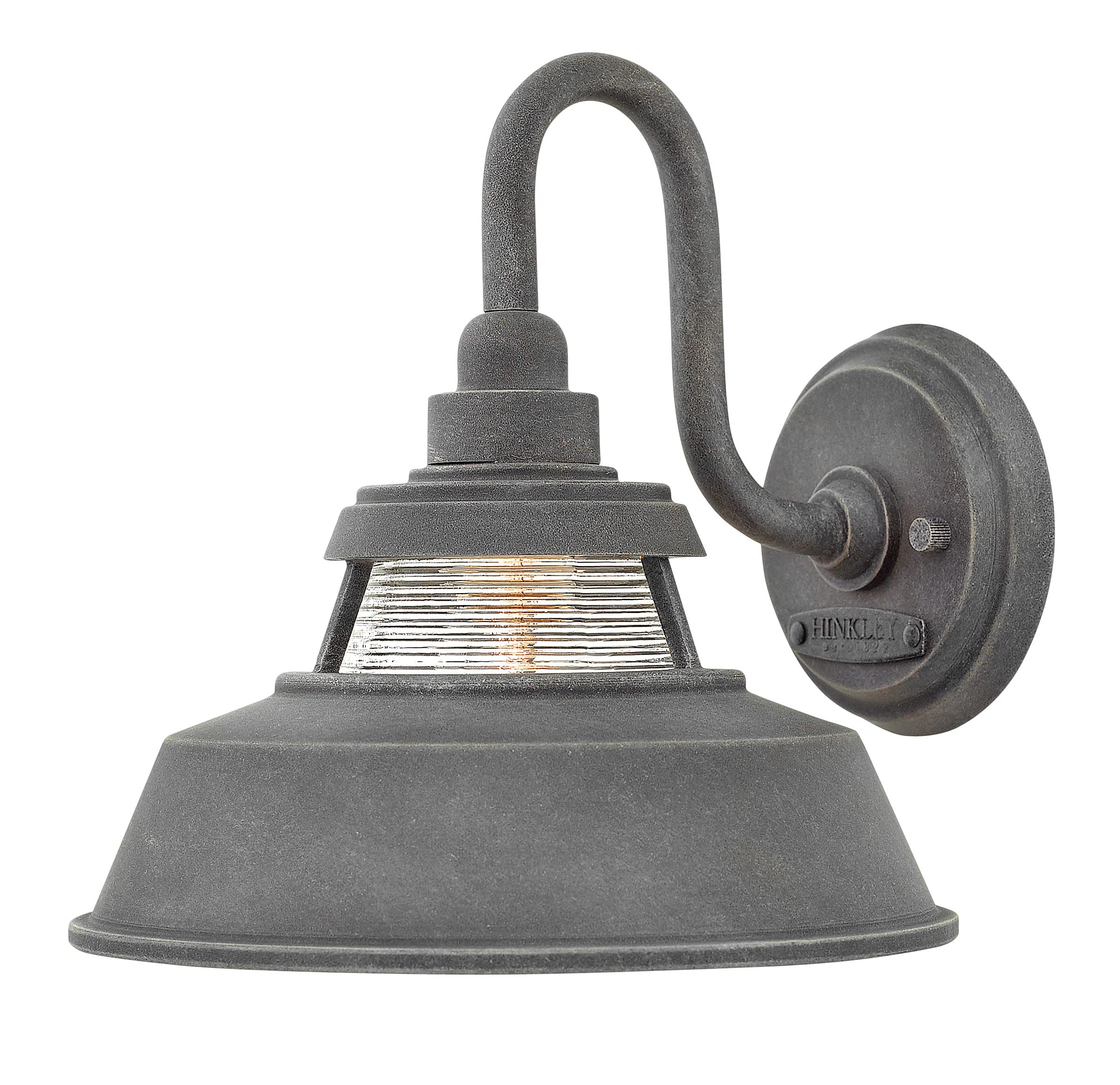 Hinkley Troyer 1194DZ Small Outdoor Wall Mount Lantern Light with Gooseneck Arm - Farmhouse Style Shade & Ribbed Glass Accent in Aged Zinc Finish - Perfect for Porch, Patio, Garden, and Entryway Lighting