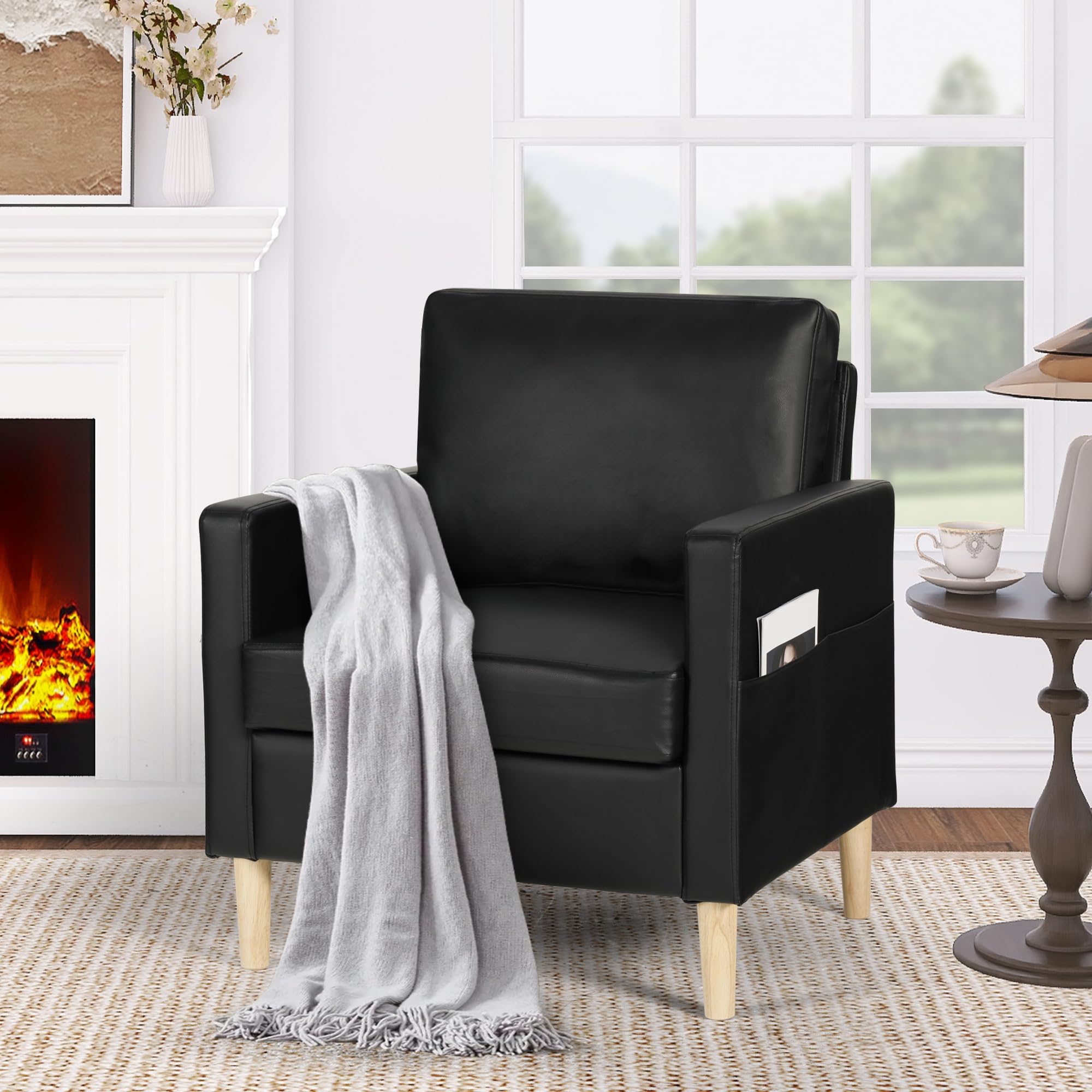TYBOATLE Faux Leather Accent Chair - Mid-Century Modern Upholstered Armchair with Armrest Pockets, Comfortable Single Seater for Living Room, Bedroom & Office - Perfect for Reading, Lounging & Relaxing (Black)