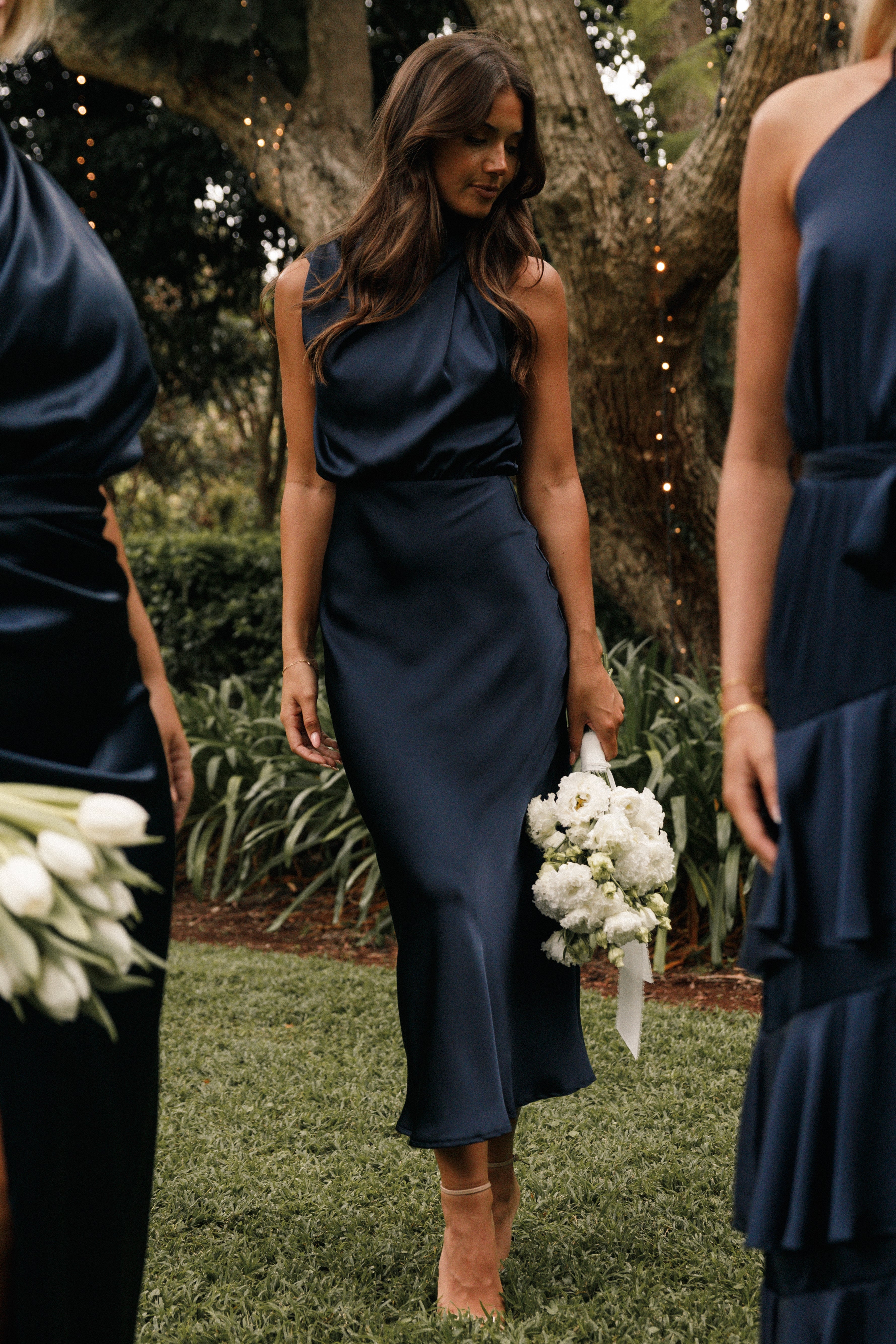 Anabelle Women's Halter Neck Midi Dress - Navy Blue Flowy Summer Dress for Beach, Wedding & Party Occasions