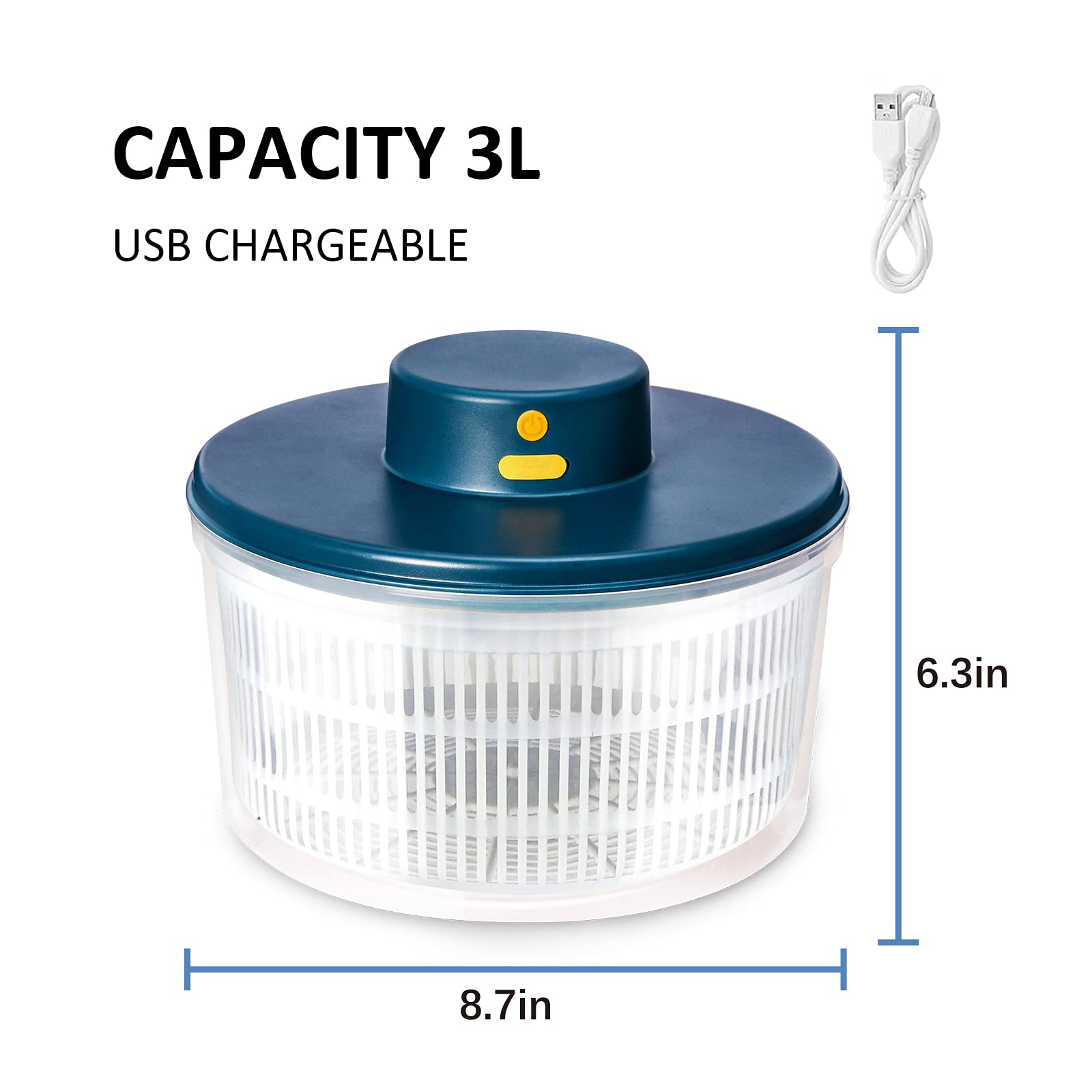 Electric Salad Spinner 3L - Compact Lettuce & Vegetable Dryer with Easy Drain System | USB Rechargeable, BPA-Free | Perfect for Kitchen, Meal Prep & Healthy Eating