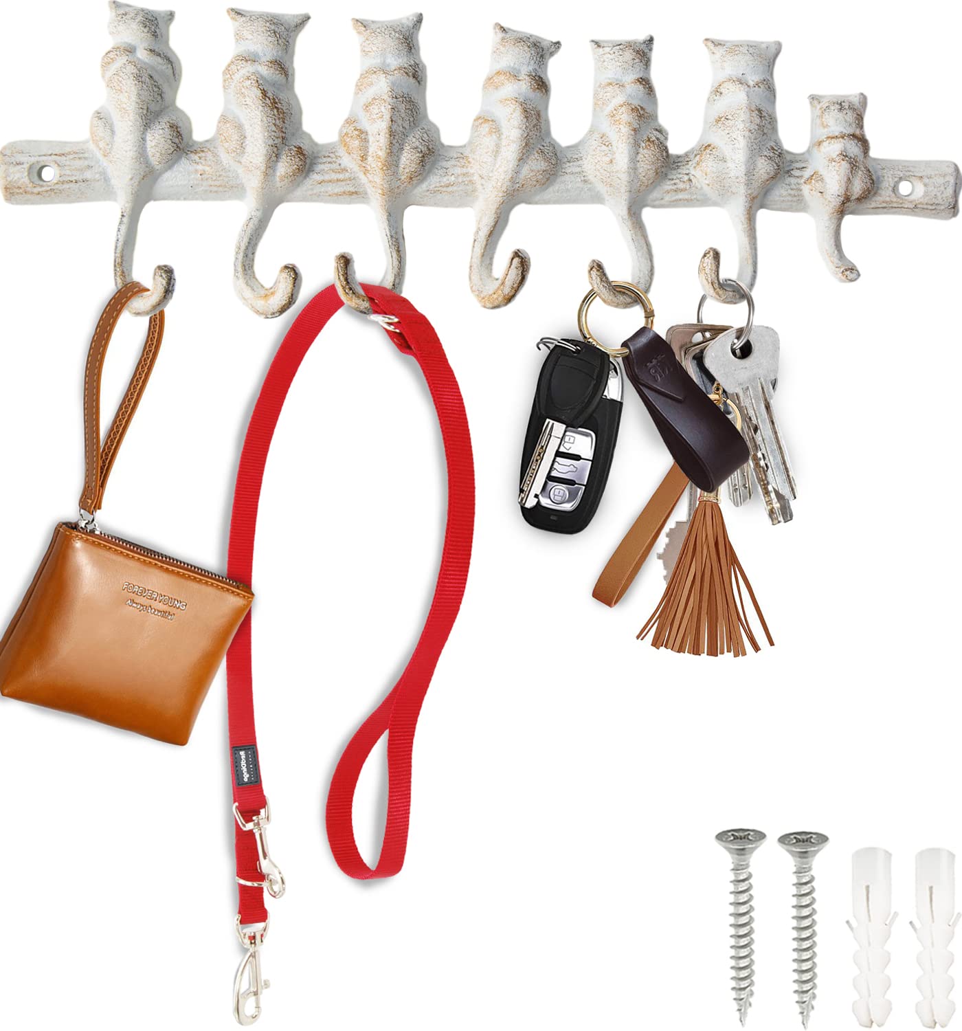 Vintage Cast Iron Wall Hook Rack with 7 Hooks - Decorative Cat-Themed Wall Mounted Hanger - 12.4 x 3.9 Inches - Includes Screws and Anchors - White - Perfect for Entryway, Bathroom, Kitchen, or Bedroom Organization