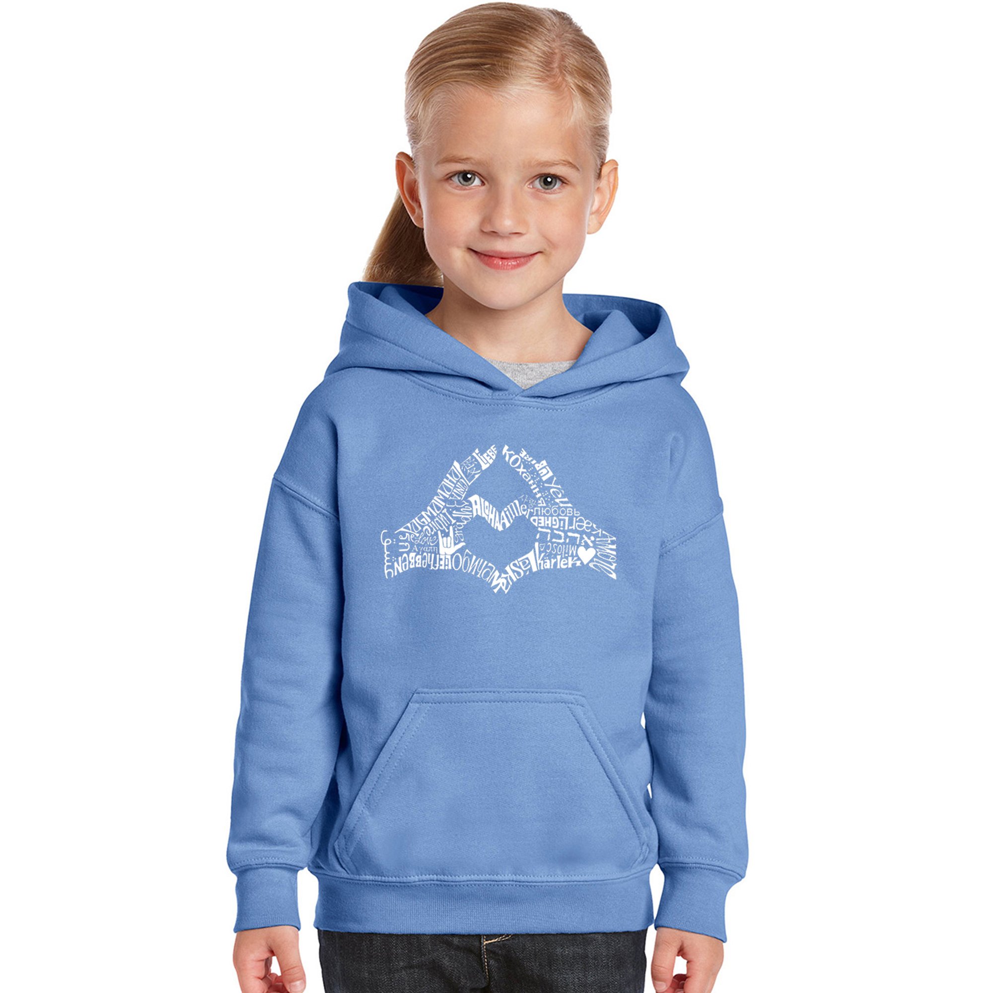LA POP ART Girls' Word Art Hooded Sweatshirt with Finger Heart Design | Trendy Pullover for Teens & Women | Perfect for Casual Wear, School, and Street Style Fashion