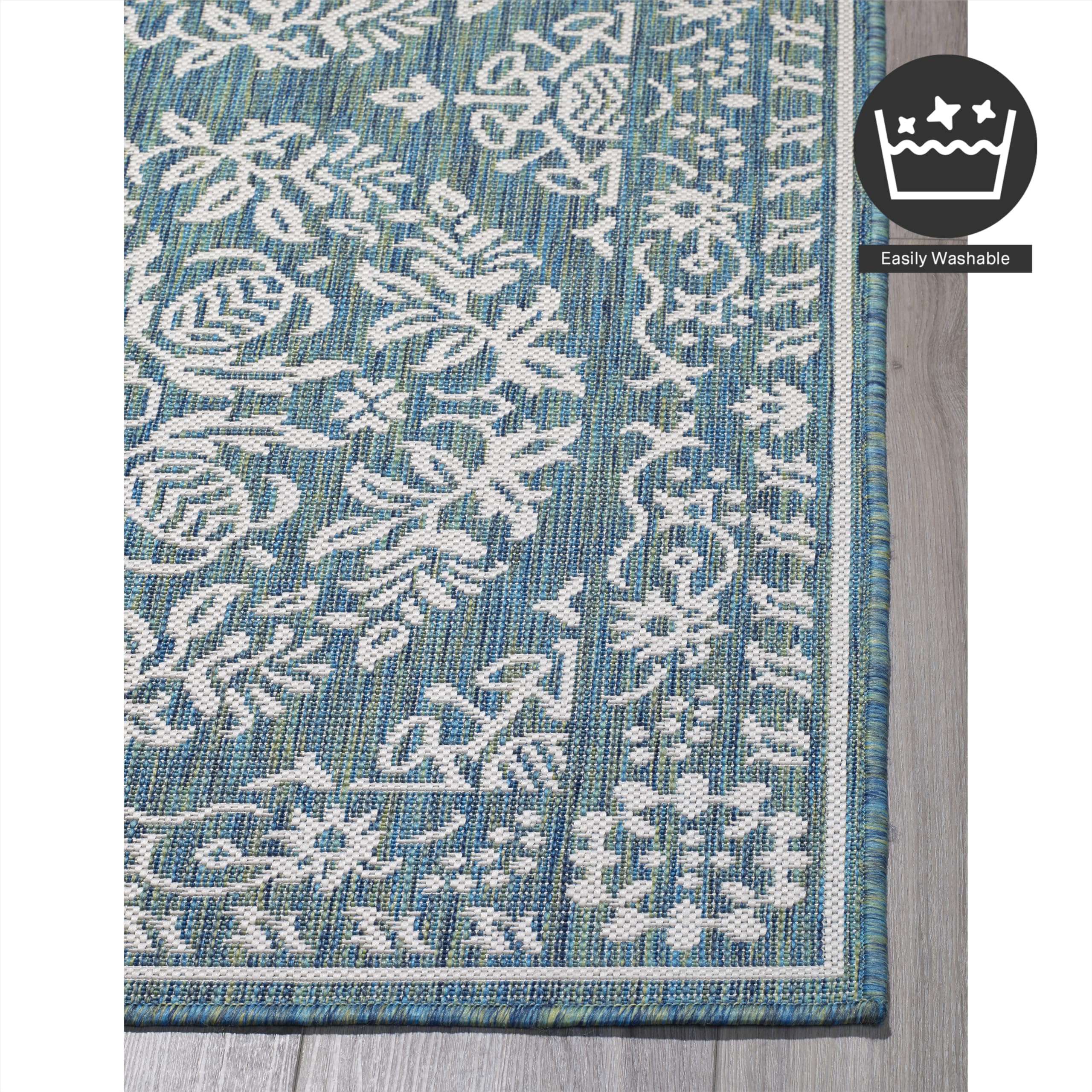 FH Home Flat Woven Outdoor Rug - Waterproof & Stain Resistant Farmhouse Patio Mat - Premium Polypropylene Yarn for Porch, Deck, Balcony - Easy to Clean Marbella Ocean Design (5'4