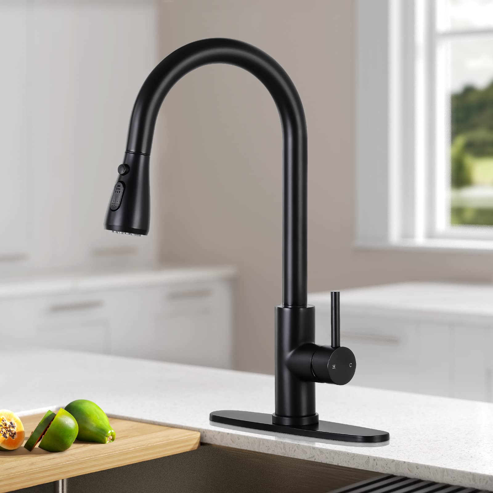 Premium Matte Black Stainless Steel Kitchen Faucet with Pull Down Sprayer - Single Handle High Arc Design for Modern Sinks | Ideal for Cooking, Washing Dishes & Food Prep