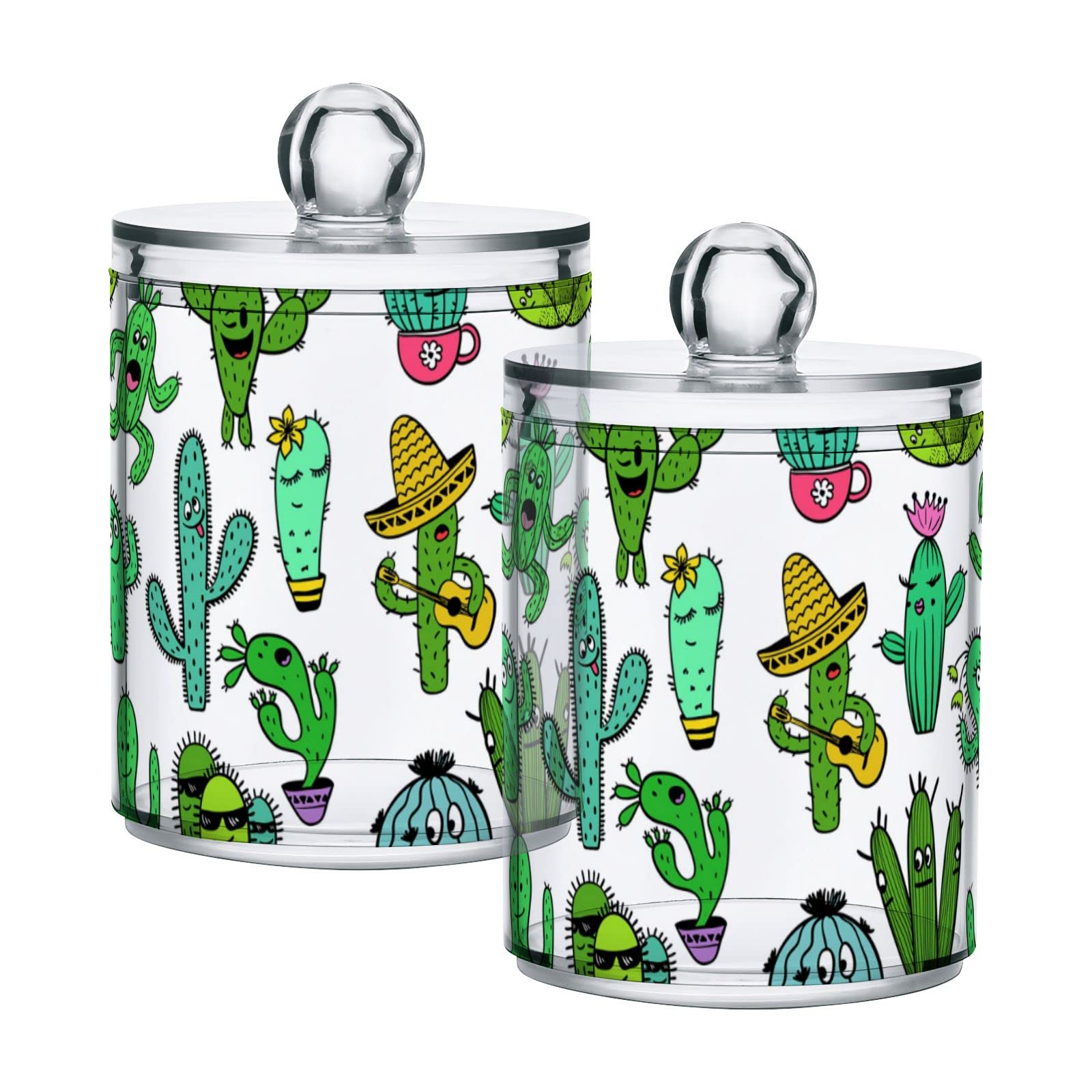 Funny Cactus & Succulent Plastic Storage Jars with Lids - Set of 2 (10 oz Translucent Containers) for Cotton Swabs, Tea, Cookies & Dry Food Storage - Perfect for Kitchen, Bathroom & Office Organization