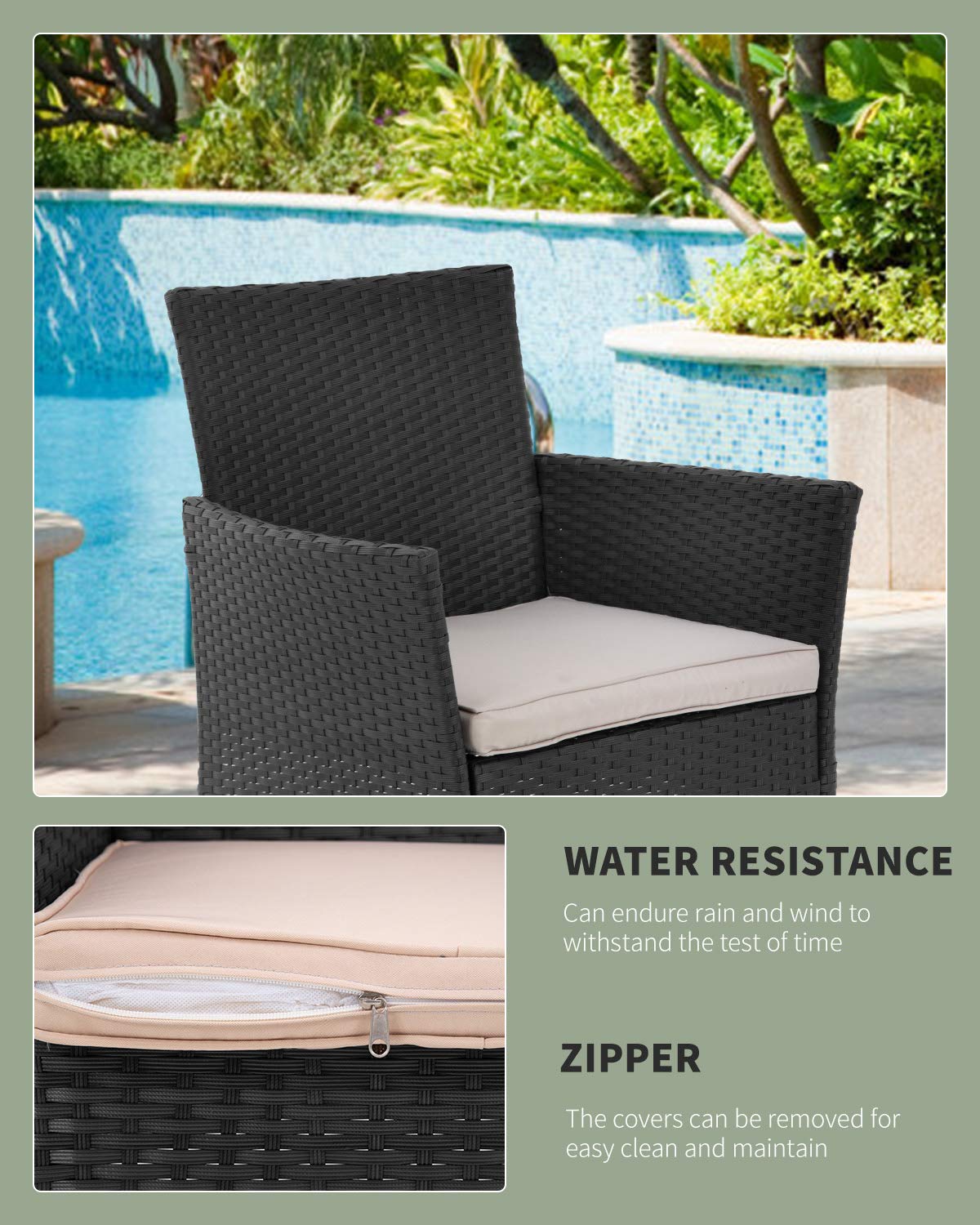 3-Piece Black Wicker Patio Furniture Set - Outdoor Rattan Chairs & Table for Backyard, Porch, Poolside, Lawn - Perfect for Relaxing, Entertaining & Dining Al Fresco