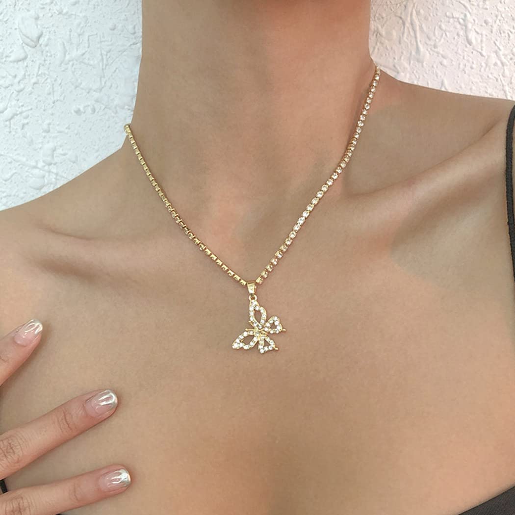 Elegant Gold Crystal Butterfly Pendant Choker Necklace - Sparkly Rhinestone Hip Hop Jewelry for Women & Girls | Perfect for Parties, Clubs, and Everyday Wear