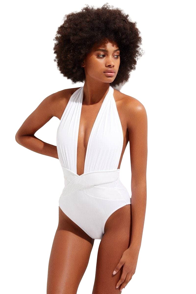 OYE Roman Plunge White One Piece Swimsuit for Women - Sexy Plunge Front Bathing Suit | Designer Swimwear for Beach, Pool & Vacation