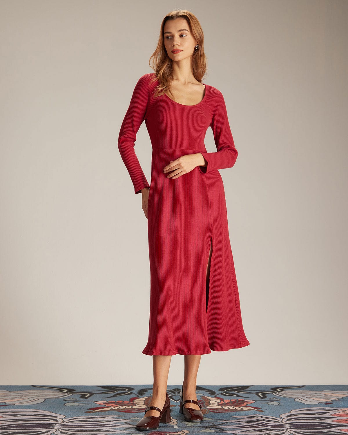Elegant Red Ribbed Side Split A-Line Maxi Dress for Women - Perfect for Weddings, Parties & Summer Vacations