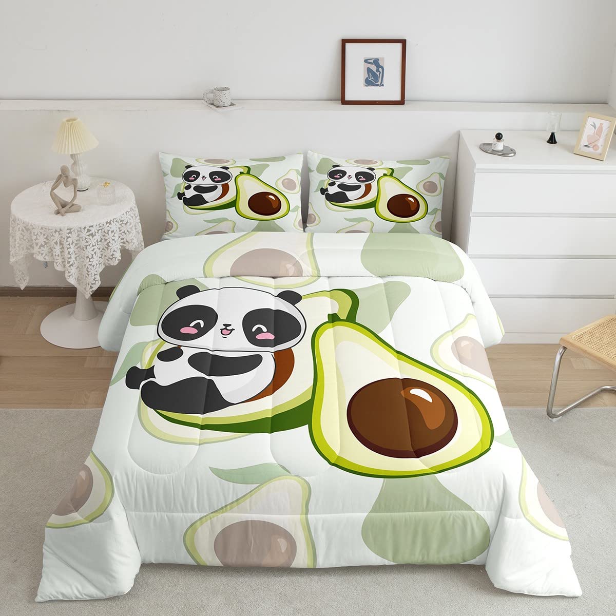 Erosebridal King Size Panda Comforter Set - Cute Black & White Panda Bear Bedding for Kids, Boys & Girls - Avocado Green Tropical Fruit Duvet Cover with 2 Pillowcases - Perfect for Nursery, Kids Room & Teen Bedroom Decor