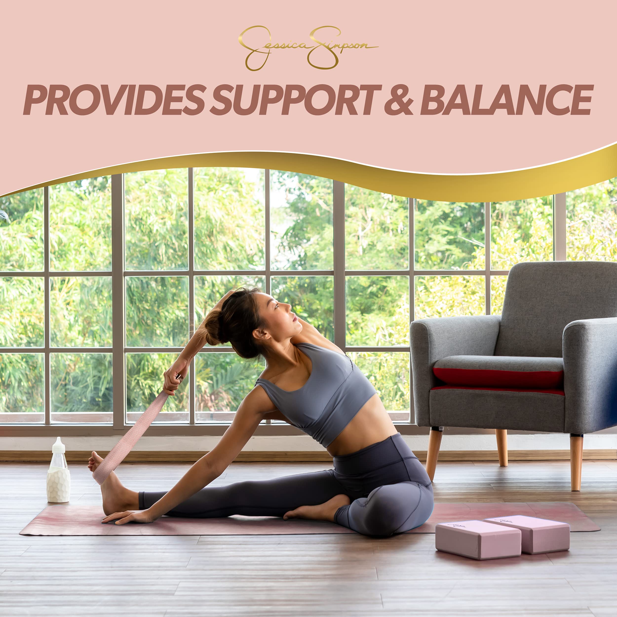 Jessica Simpson 4-Piece Yoga Kit for Beginners - Pink Yoga Mat, Blocks & Strap Set | Perfect for Home Workouts, Studio Classes & Mindful Meditation