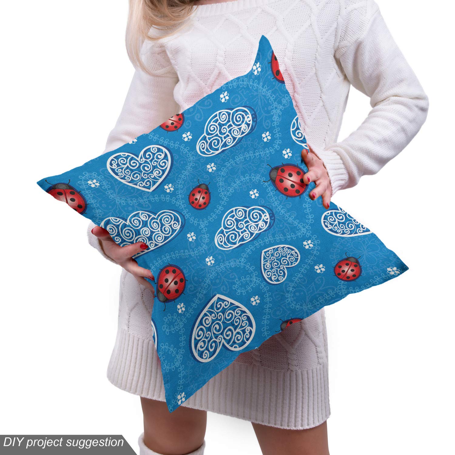 Ambesonne Ladybugs Fabric by The Yard - Ladybug & Ornate Clouds Design for Upholstery, Curtains, Pillows | Decorative Home Fabric in Red & Blue | 10 Yards | Perfect for DIY Crafts, Home Decor & Sewing Projects