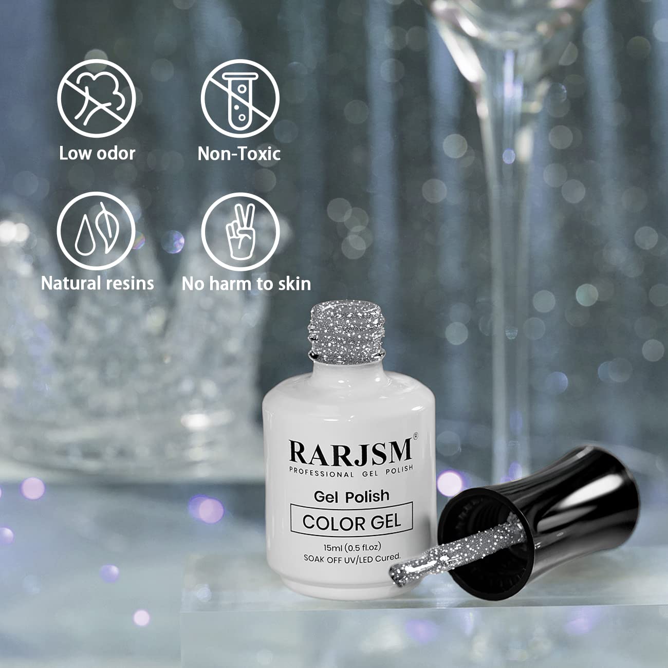 RARJSM Reflective Glitter Gel Polish - Silver Flash Diamond Soak Off UV LED Nail Polish (15ml) for Home Salon & DIY Manicure | Perfect for Parties, Nightlife & Special Occasions