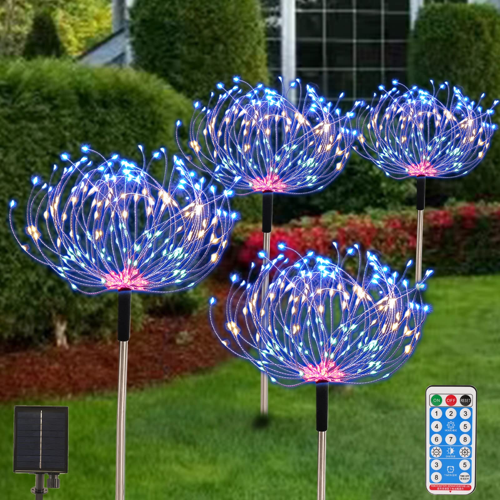 480 LED Solar Pathway Lights Outdoor 4 Pack - Waterproof Starburst Fairy Lights with Remote Control & 8 Lighting Modes - Solar Powered Garden Decor for Patio, Christmas, Yard, Pathway (Multi-Colored) - Perfect for Landscape Lighting, Backyard Decoration, Holiday Displays and Evening Ambiance