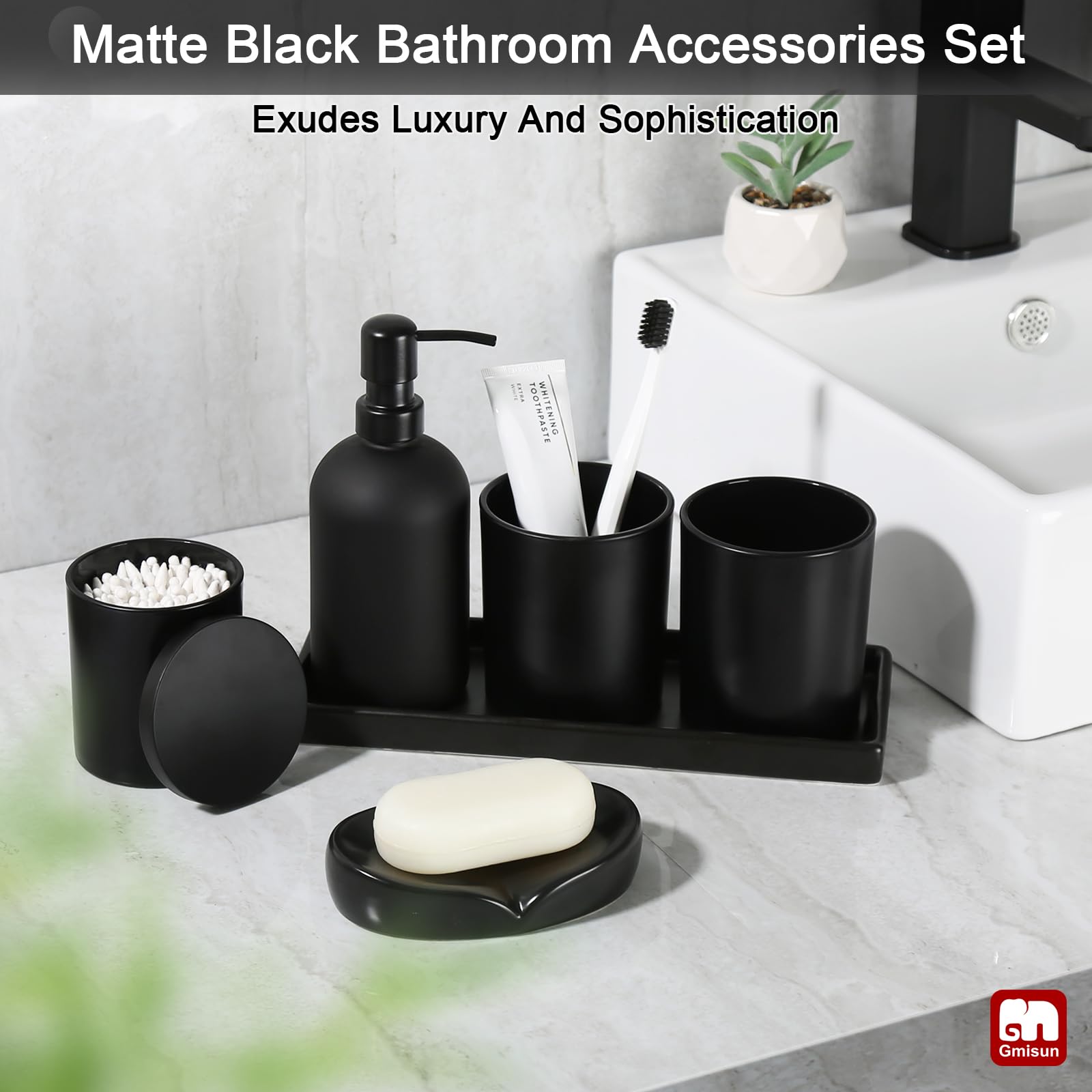 GMISUN 6-Piece Matte Black Bathroom Accessories Set - Glass Soap Dispenser, Toothbrush Holder & Ceramic Tray | Modern Sink Counter Decor for Bathroom Organization & Stylish Home Upgrade