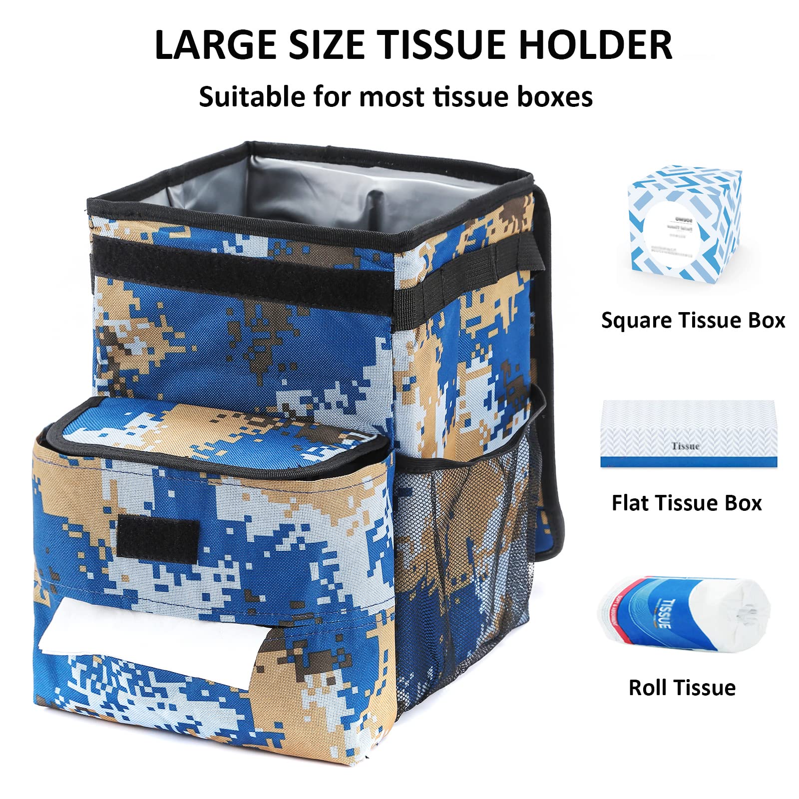 AUTODECO Waterproof Car Trash Can with Lid - 3 Gallon Vehicle Garbage Bin, Camouflage Blue - Perfect for Road Trips, Camping & Daily Commute