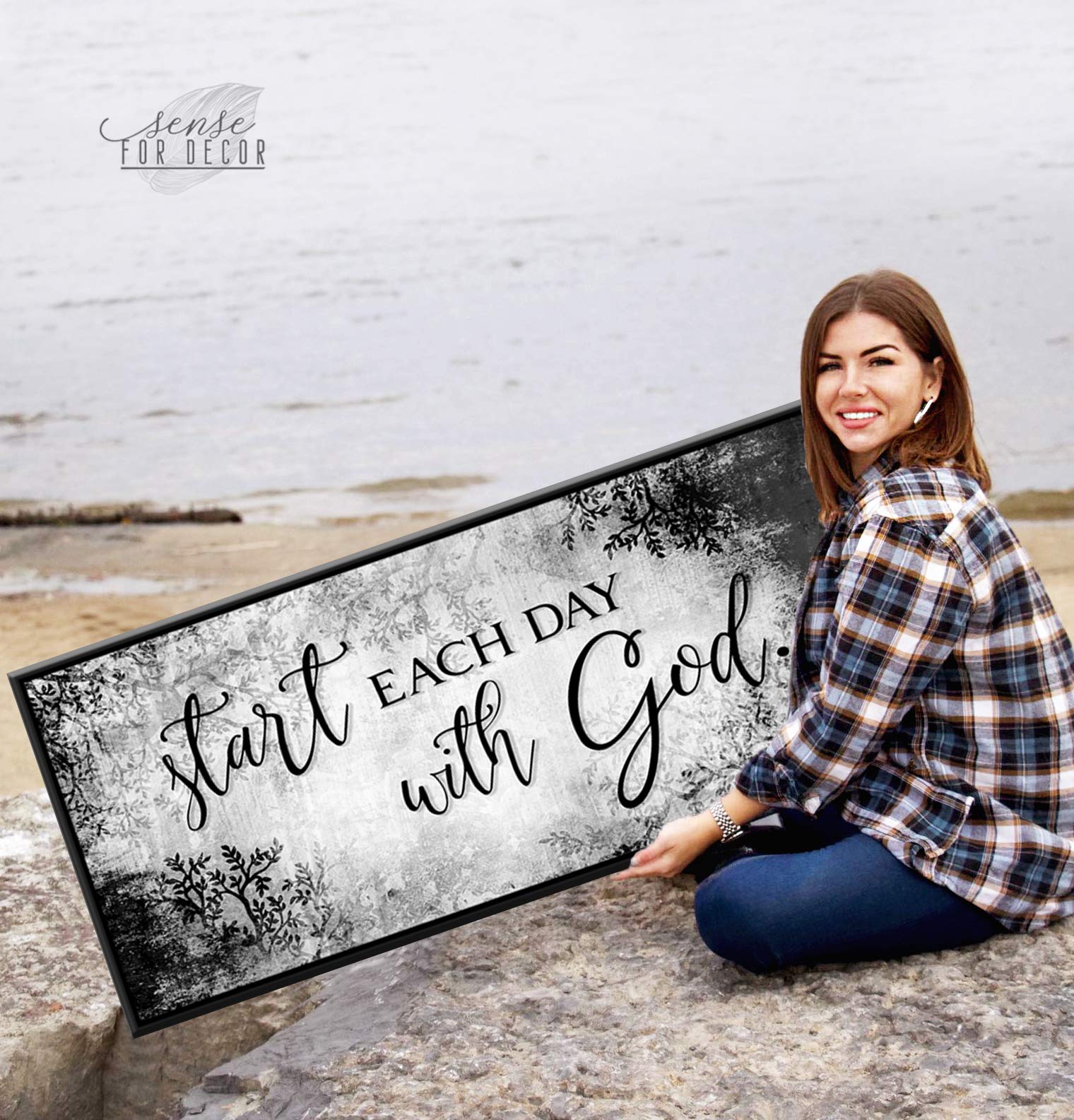 Start Each Day With God - Inspirational Religious Wall Decor with Grey Black Floating Frame 42x19, Positive Quotes for Bedroom, Living Room & Office Spiritual Room Decor