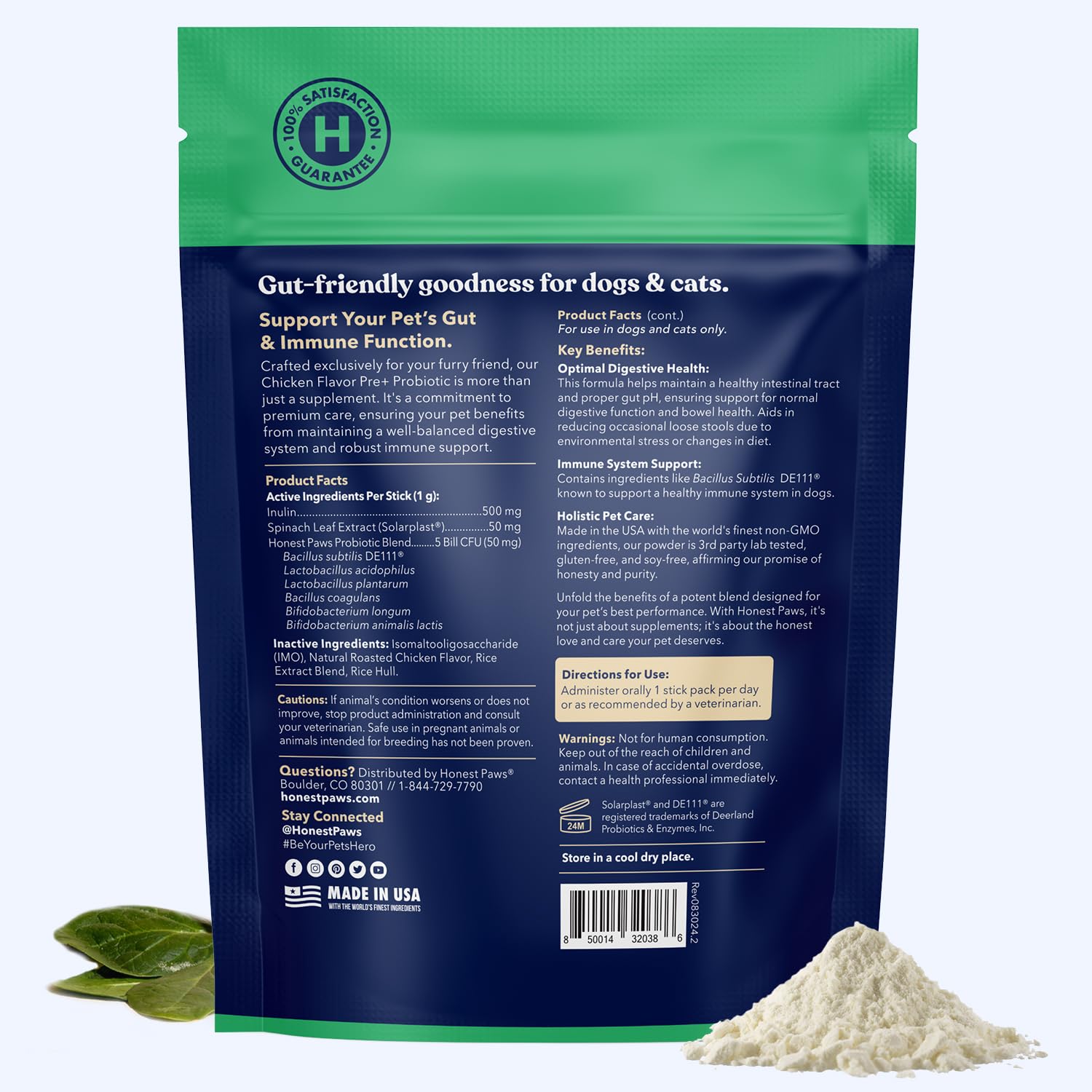 Honest Paws Probiotics for Dogs - Digestive & Immune Support Powder with Prebiotics | Made in USA | Chicken Flavor (30 Sticks) | Supports Gut Health & Immunity for Active Dogs