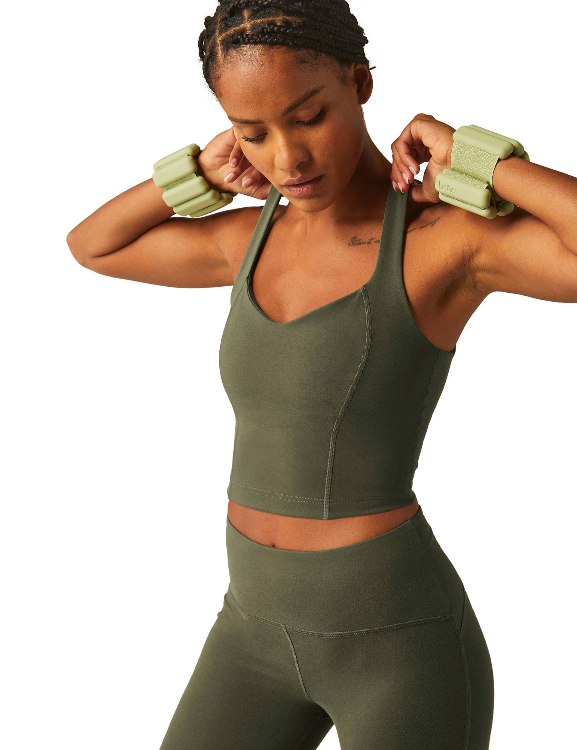 POWERBEYOND Intensity Racerback Cropped Tank Top - Modern Olive Green Workout Shirt for Women | Yoga, Gym & Running Activewear