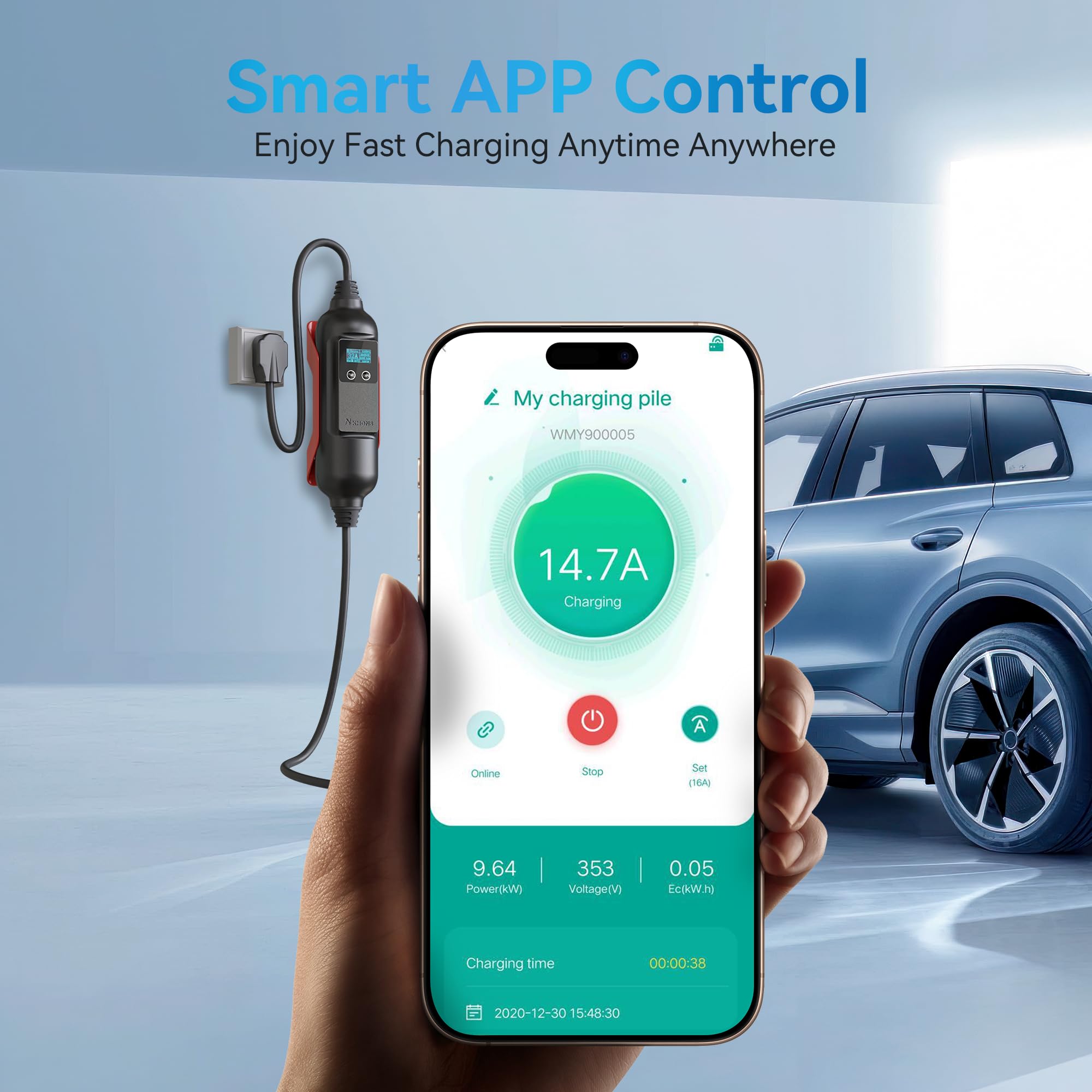 32Amp 240V Level 2 EV Charger with J1772 Connector - Portable Electric Vehicle Charging Station with Adjustable Current, NEMA 14-50 Plug & Smart APP Control - Perfect for Home, Office & Public Charging Stations
