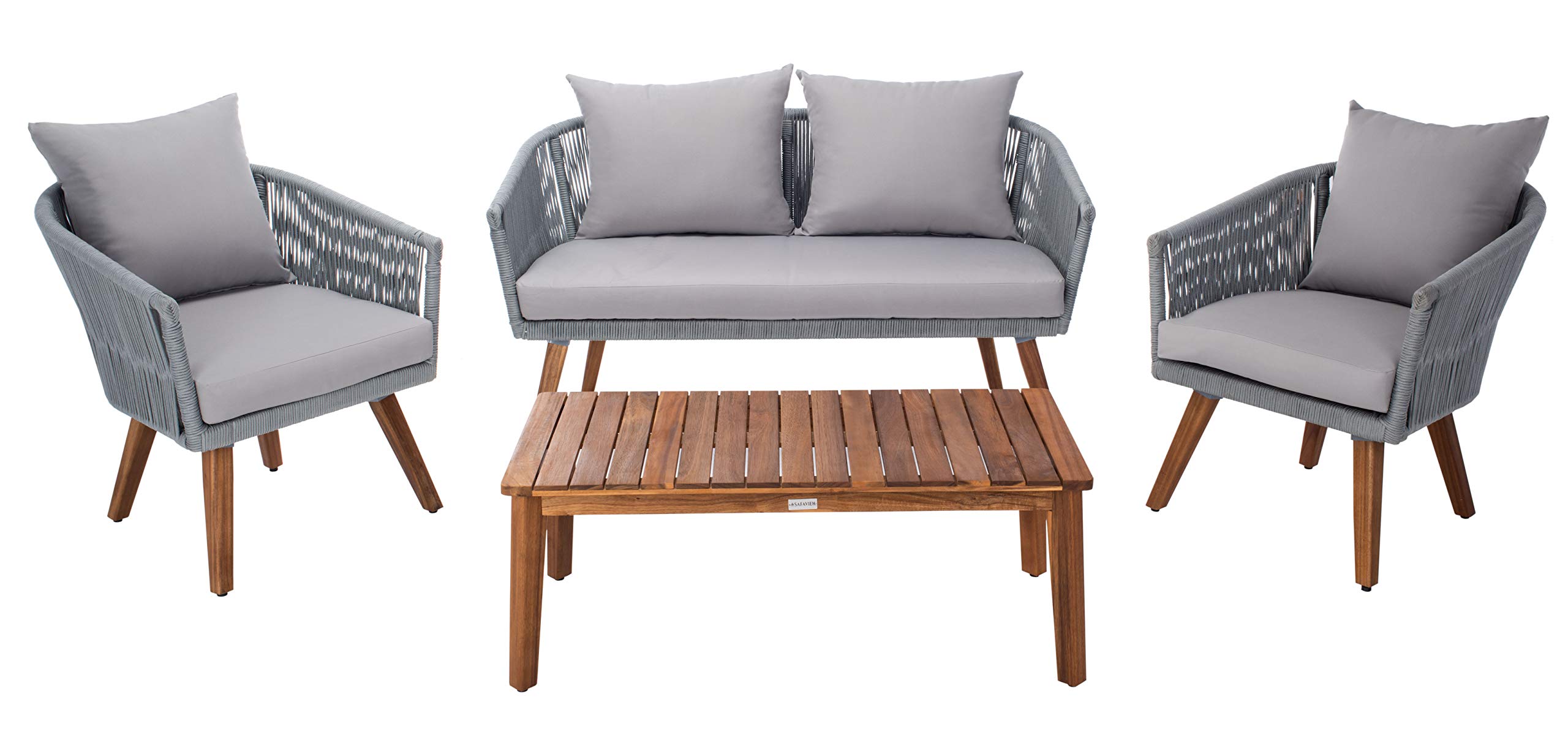 SAFAVIEH PAT7072A Outdoor Velso Rope 4-Piece Patio Set with Seat Cushions & Throw Pillows - Waterproof Garden Furniture for Backyard, Poolside or Deck - Perfect for Outdoor Relaxation & Entertaining
