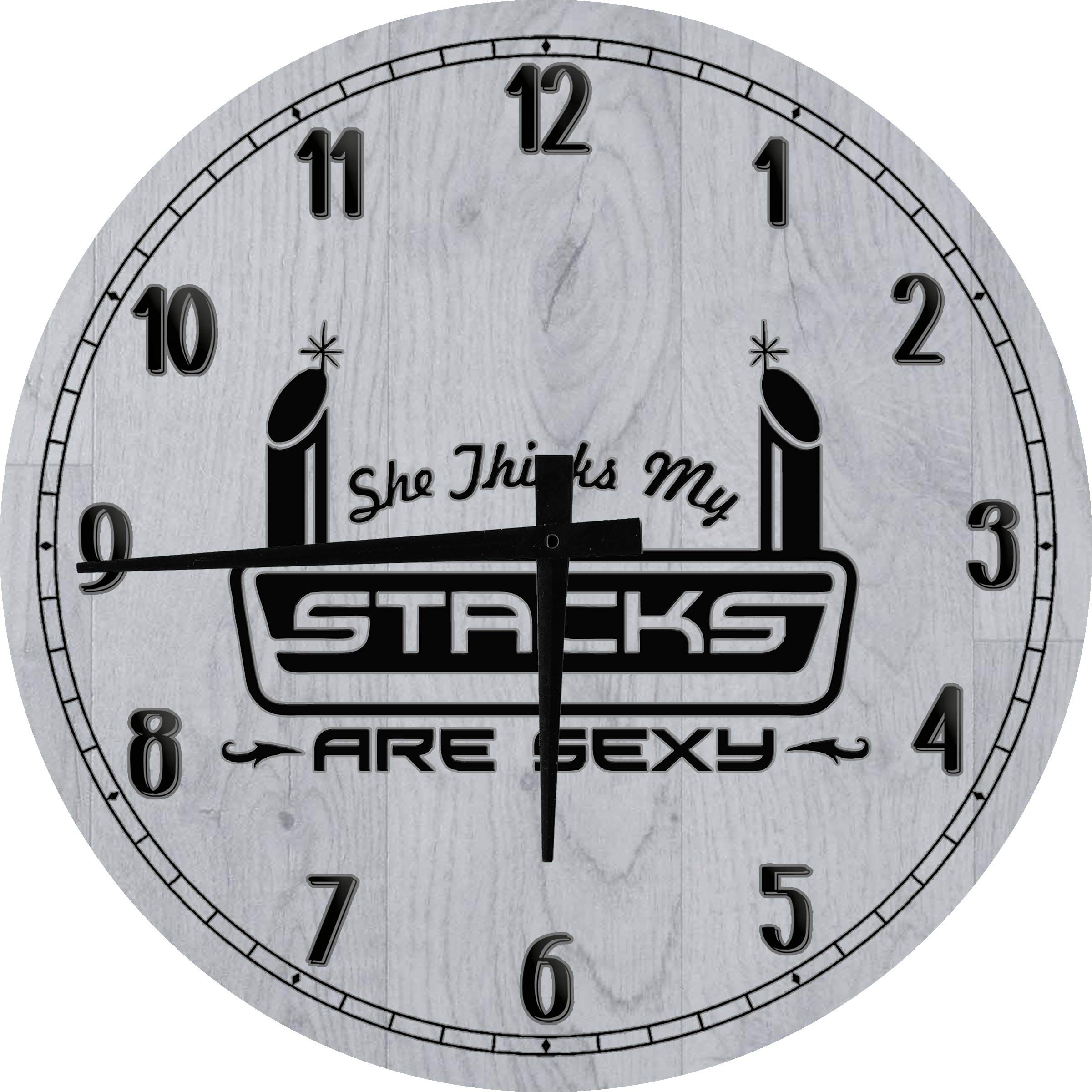 Men's Sexy Stacks Mechanic Trucking Large Round Wood Wall Clock - 18 Inch Gray - Perfect for Garage, Workshop, or Man Cave Decor