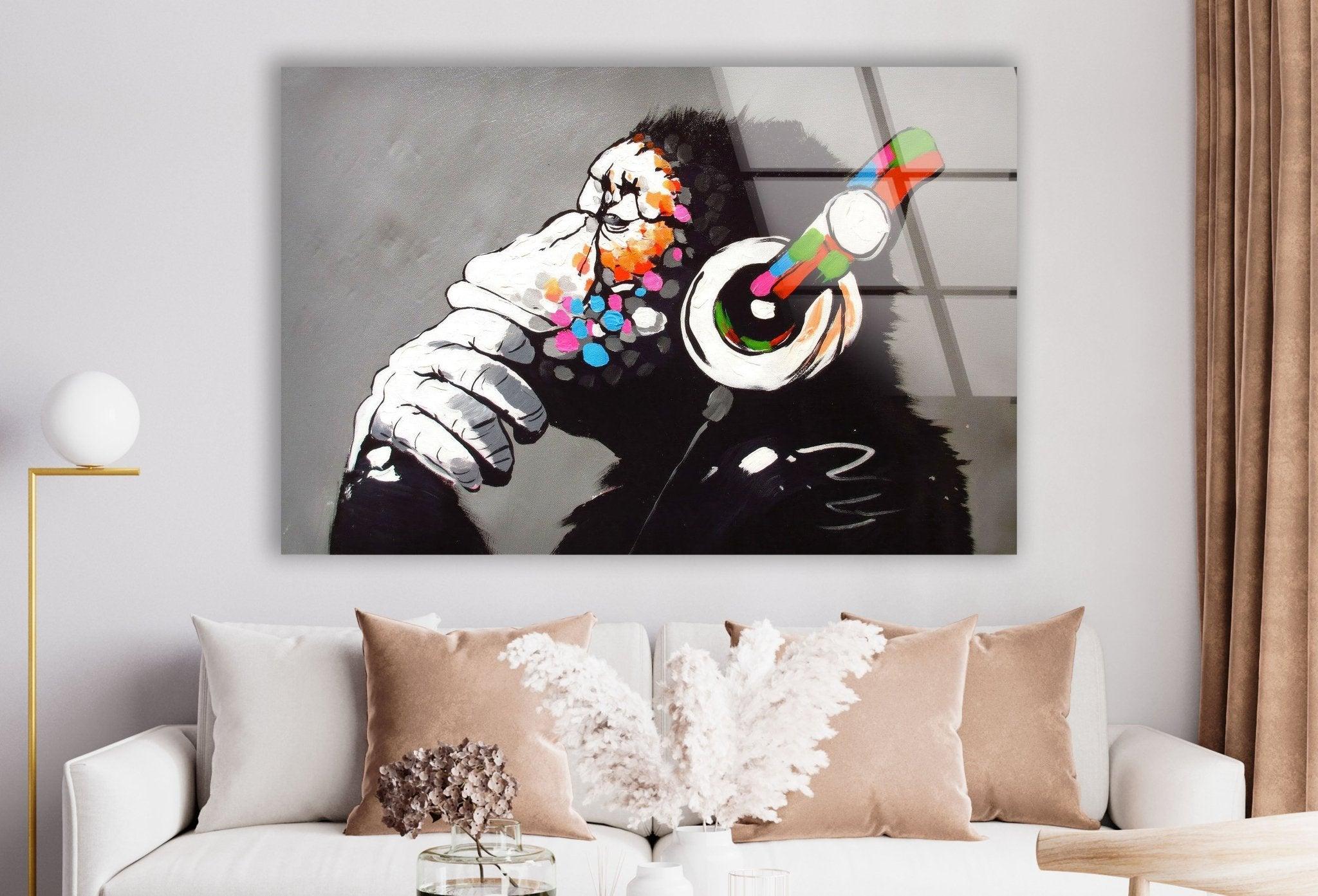 Banksy DJ Monkey Gorilla Thinking Glass Wall Art - Modern Canvas Print for Home & Office Decor - Perfect for Living Room, Bedroom or Studio