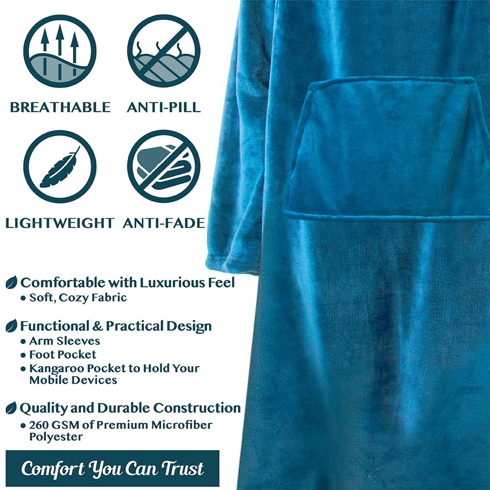 PAVILIA Wearable Fleece Blanket with Sleeves & Foot Pockets - Soft Plush Blanket Robe for Women & Men - Cozy Gift for Wife or Mom - Perfect for Winter Nights, Movie Time & Relaxation - Teal Blue