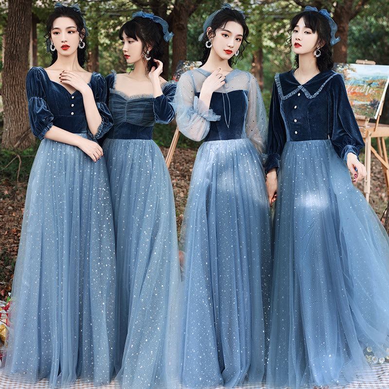 Elegant Blue Tulle Velvet Bridesmaid Dress - Long Formal Evening Gown for Weddings, Prom & Special Occasions | Plus Size 525