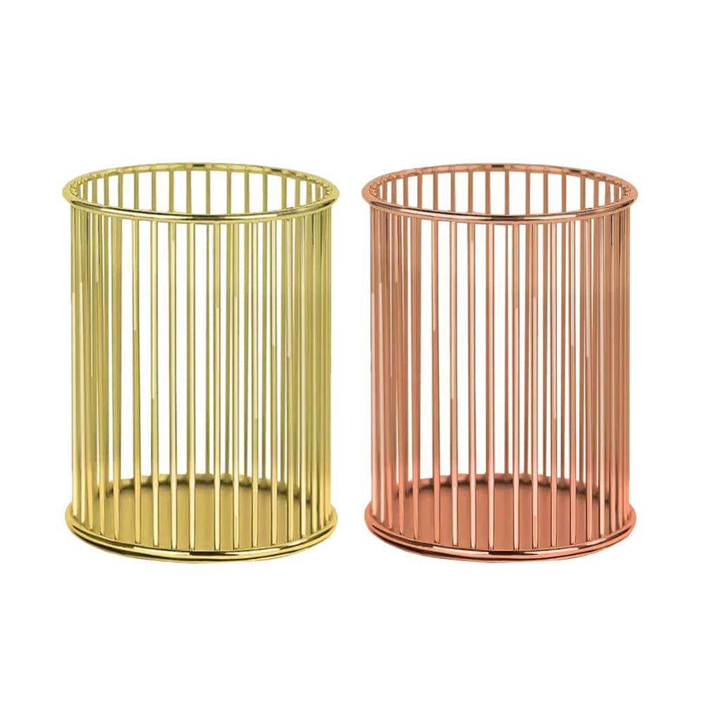 Hemoton 2-Pack Wrought Iron Pen Holder & Makeup Brush Organizer - Round Desktop Storage Box for Office & Vanity (Golden, Rose Gold) - Perfect for Desk Organization, Cosmetic Brush Storage, and Home Decor