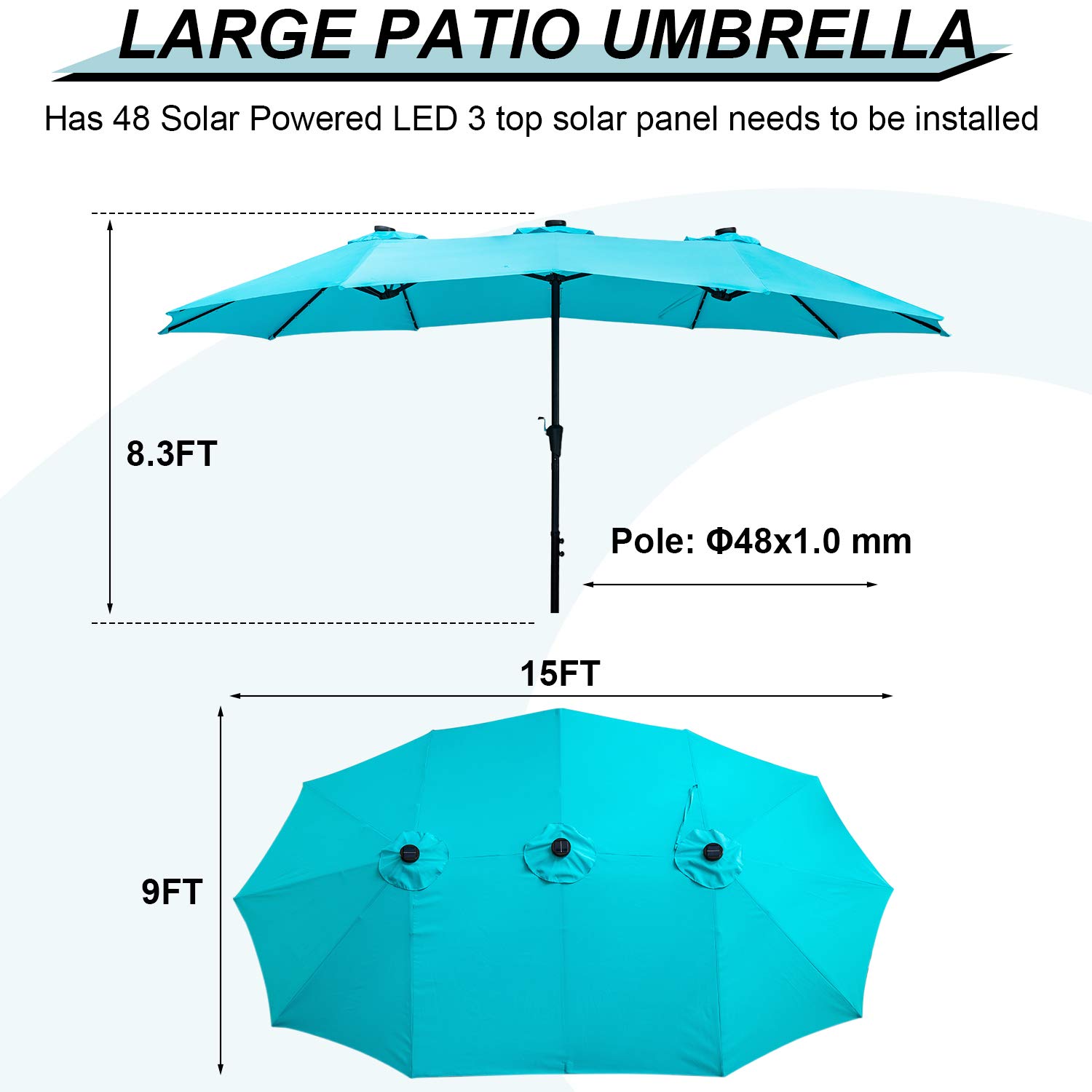 GDY 15Ft Solar Powered Patio Umbrella with 48 LED Lights - Double-Sided Outdoor Market Umbrella for Table, Aluminum Pole & Base Included (Blue) - Perfect for Backyard, Garden, Poolside & Outdoor Dining Areas