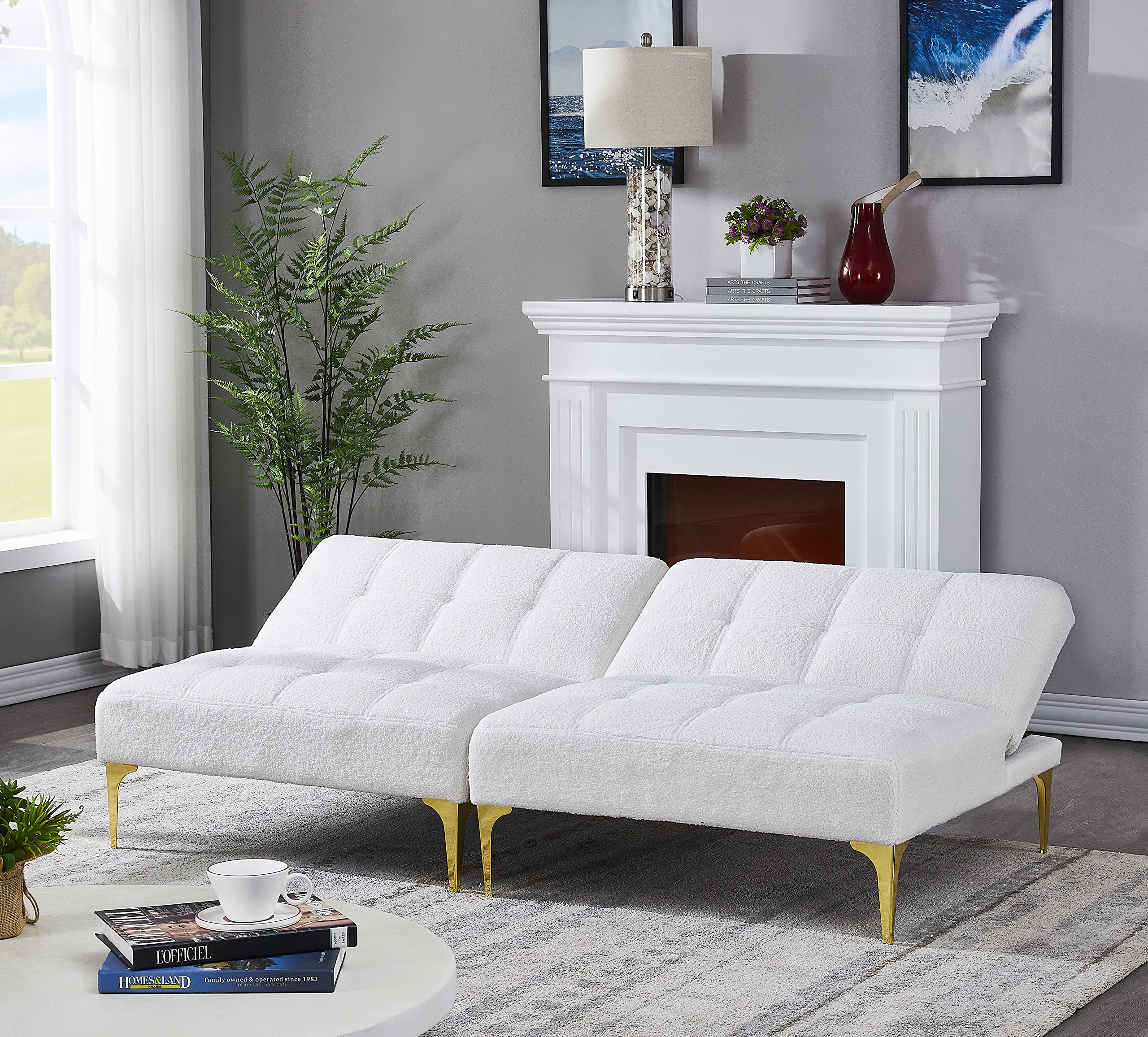 2-Piece Convertible Futon Sofa Bed - Sleeper Couch, Daybed & Loveseat with Gold Metal Legs | Folding Recliner Armless Sofa in Soft Teddy Fabric | Space-Saving Furniture for Small Apartments, Living Rooms & Offices | Perfect for Guest Beds, Lounging & Compact Spaces