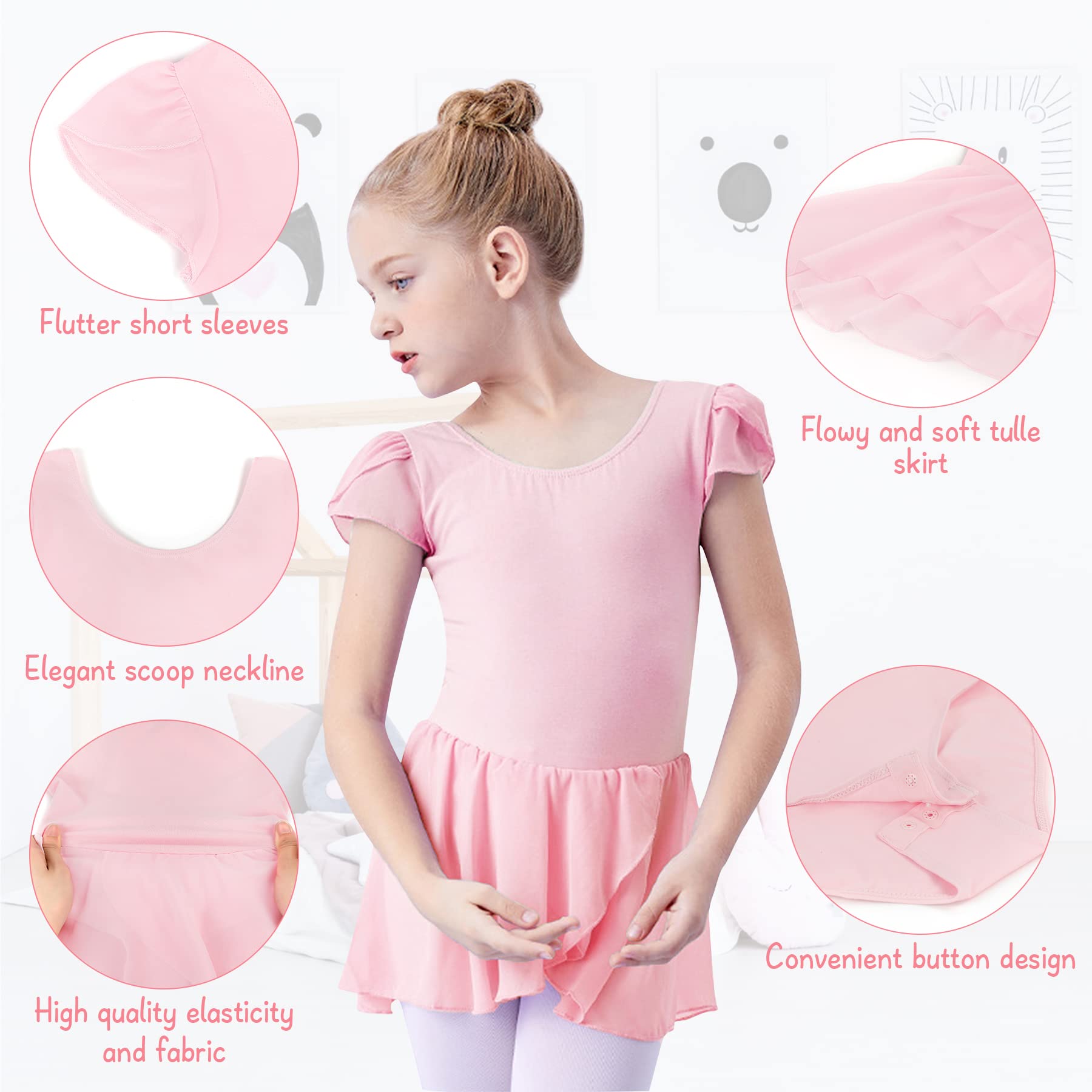 **Zando Girls Ballet Leotard with Tulle Skirt – Short Sleeve Gymnastics & Dance Outfit – Toddler Dancewear for Recitals, Performances & Ballet Class**