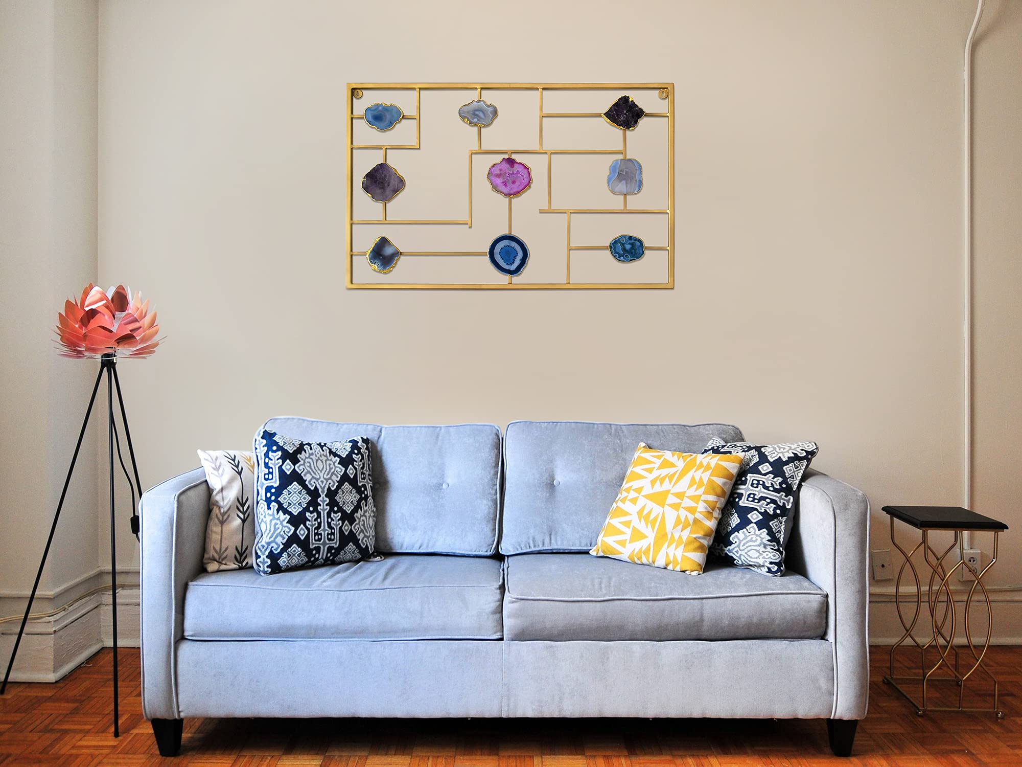 Natural Agate Slices Wall Art - Framed Blue, Brown, Pink, Gray & Gold Healing Crystal Geode Decor - 36 Inch Modern Home & Office Decoration - Perfect for Living Room, Bedroom or Workspace Décor
