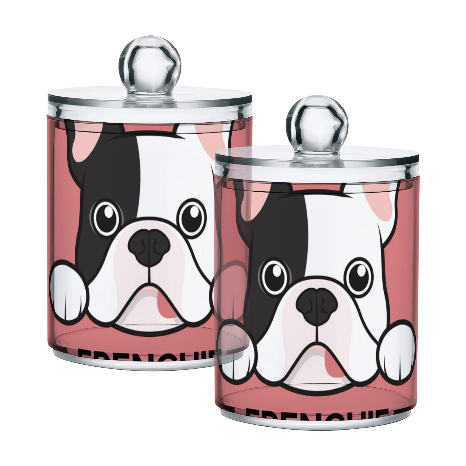 Set of 4 Red French Bulldog Pattern Plastic Storage Jars with Lids - 10oz Translucent Food Containers for Tea, Cookies, Cotton Swabs | Airtight Kitchen & Pantry Organization for Dry Goods, Spices, Snacks