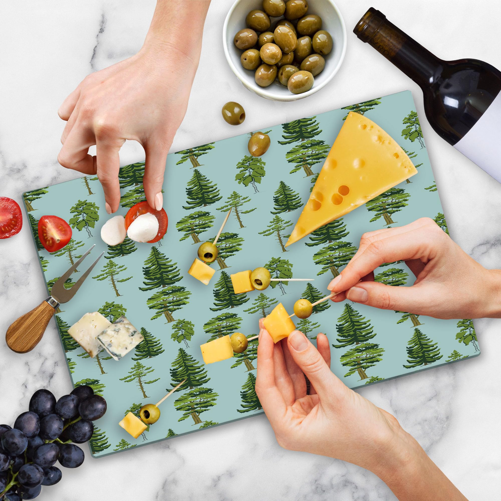 Ambesonne Decorative Tempered Glass Cutting Board with Pine Oak Fir Tree Motifs - Large Pastel Blue & Green Serving Board for Kitchen, Charcuterie & Entertaining