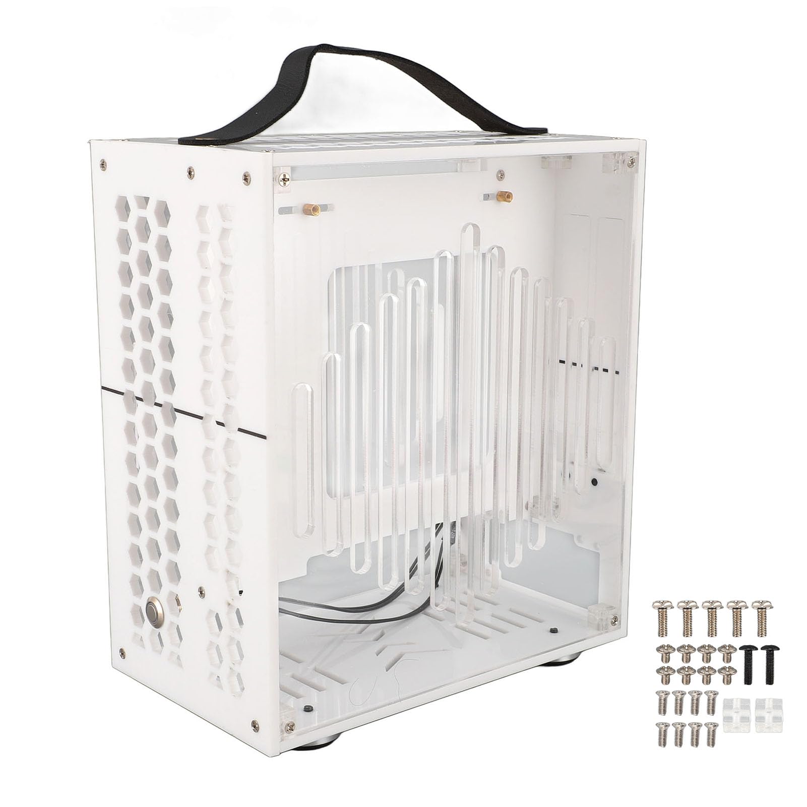 Mini ITX PC Case with Handle - 360° Open Hollow Airflow Design, Transparent Acrylic Gaming Computer Chassis for DIY Builds, Workstation & Home Office (White) | Perfect for Compact Gaming Rigs & Streaming Setups