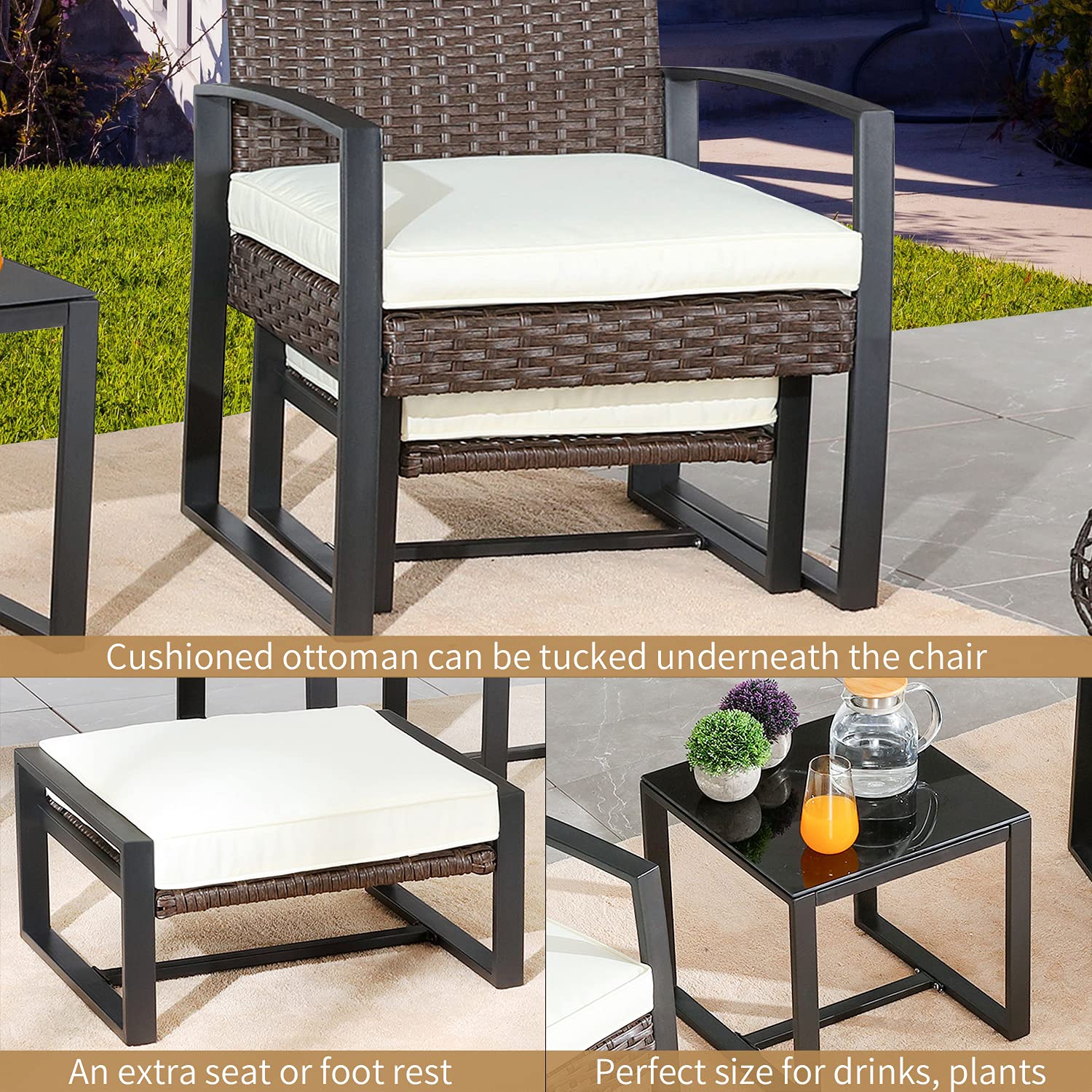 PatioFestival 5-Piece Wicker Outdoor Conversation Set with Beige Cushions & Ottoman - Perfect for Backyard, Garden, and Poolside Relaxation