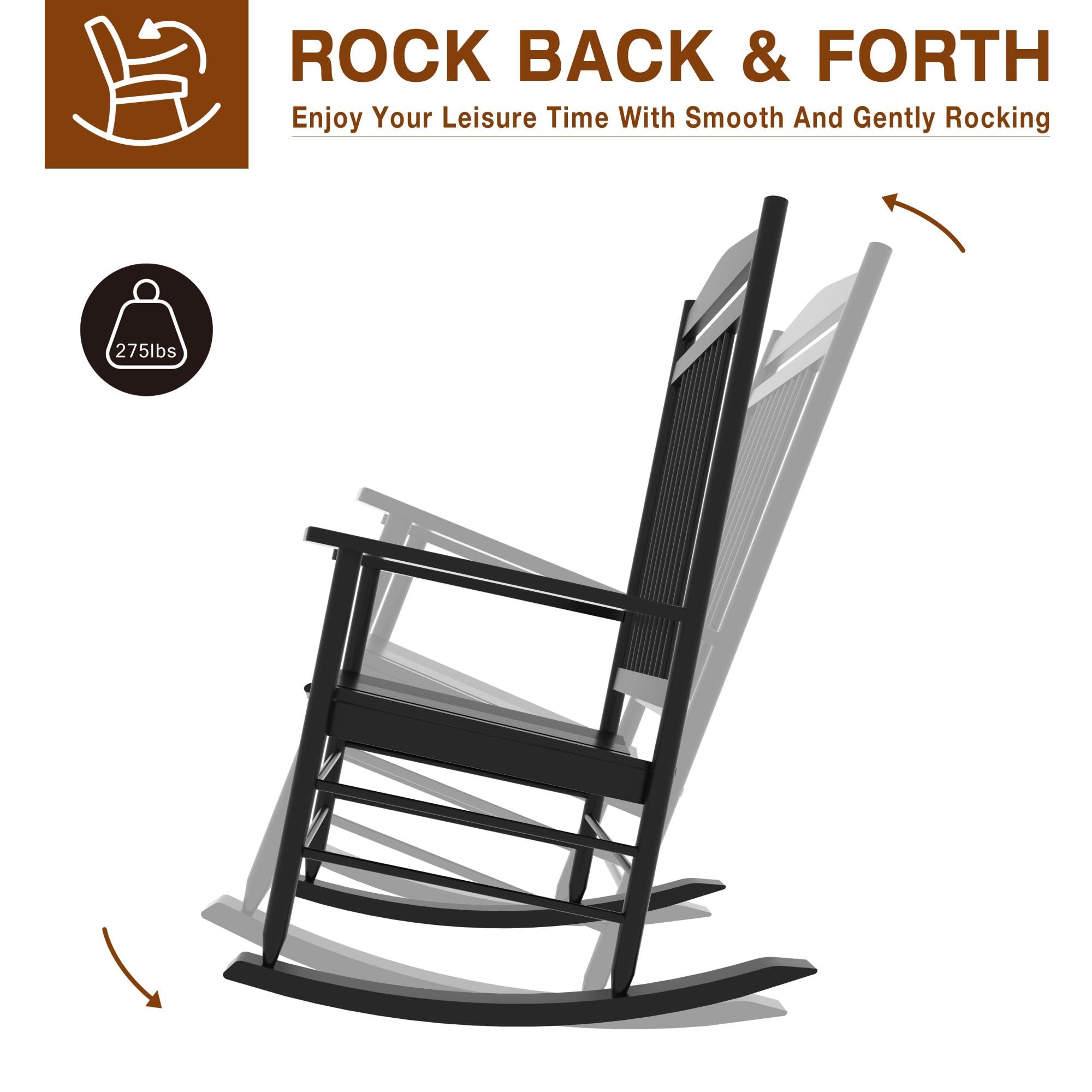 MUPATER 3-Piece Outdoor Rocking Chair Set with Bistro Table - Patio Wooden Rocker & 2 Chairs, Foldable Table & Curved Seat, Black - Perfect for Garden, Porch, Backyard & Balcony Relaxation