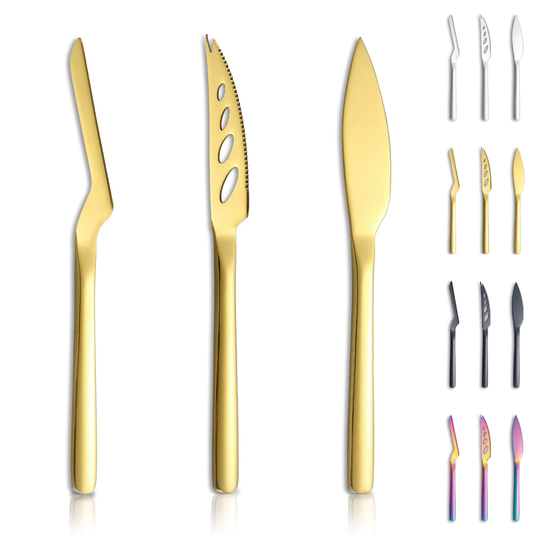 Premium Kyraton Gold Cheese Knife Set of 3 - Titanium Plated Cheese Slicer, Butter Knife & Cheese Cutter - Ergonomic Design for Hard & Soft Cheeses - Perfect for Charcuterie Boards, Wine Pairings & Dinner Parties