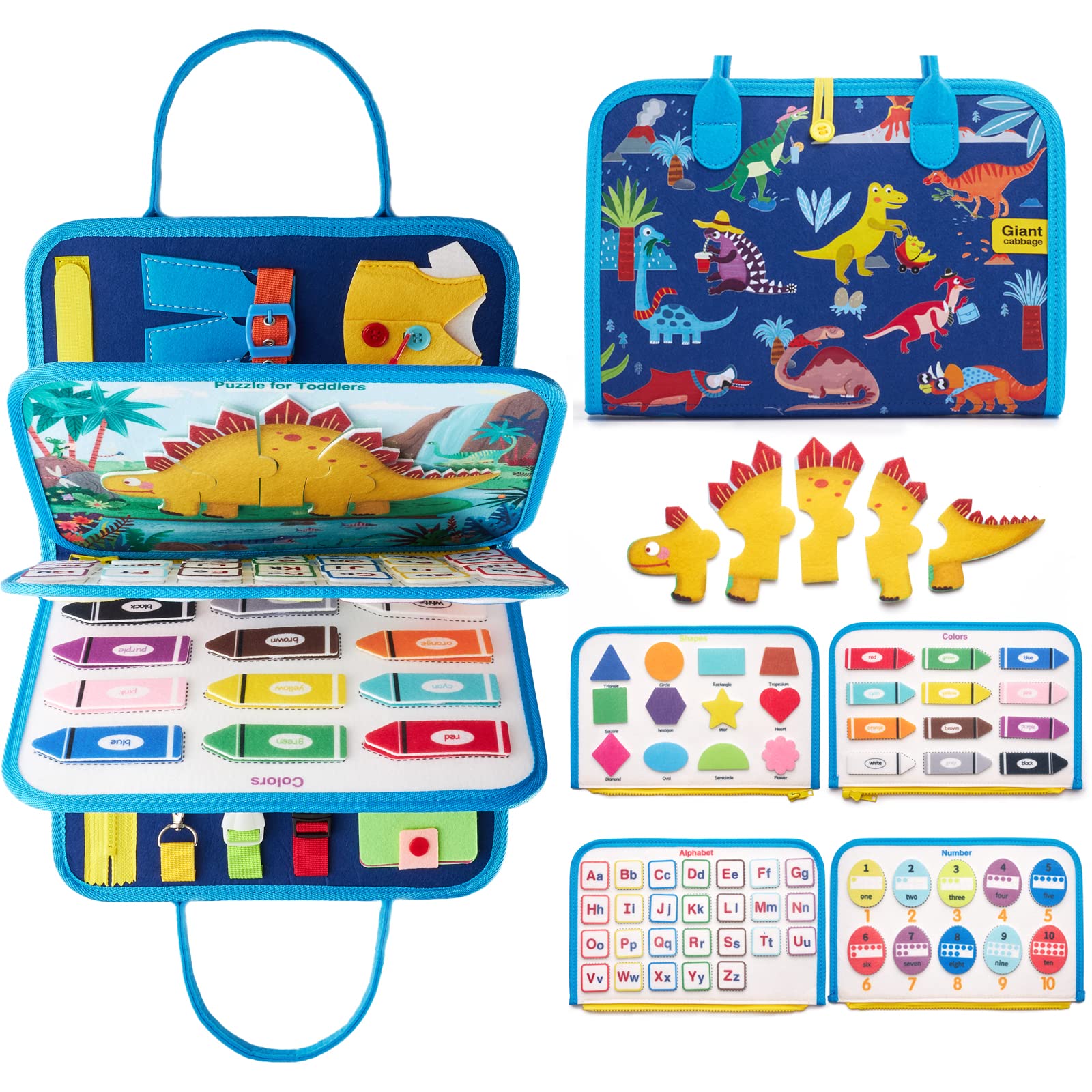 Montessori Sensory Busy Board for Toddlers 2-4 Years Old - Giant Cabbage Design Educational Travel Toy for Boys & Girls - Dinosaur Theme Learning Activity - Perfect for Airplane, Car Rides & Quiet Play at Home